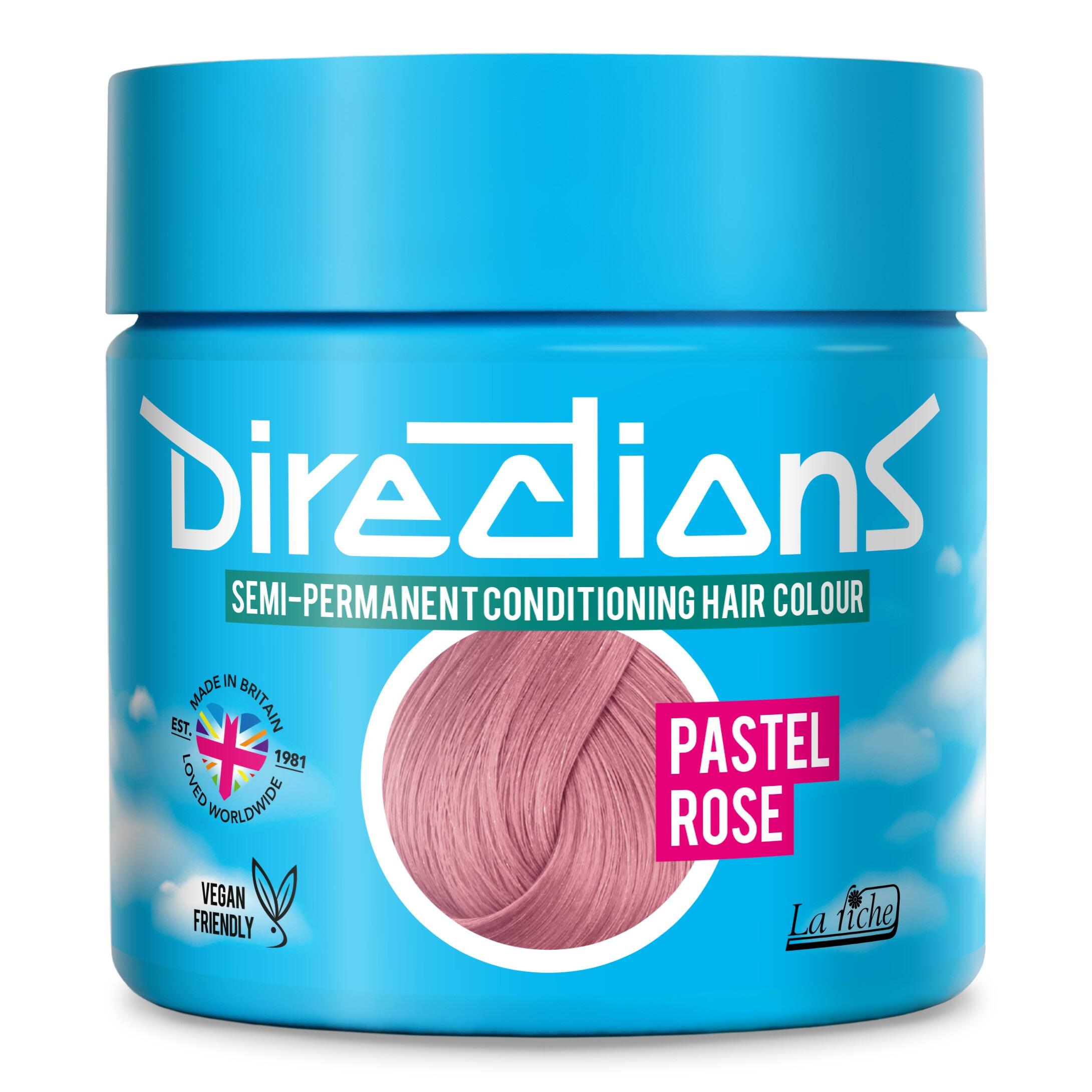 Picture of new directions hair dye pot on white background. Screw top pot with pastel rose directions colour inside