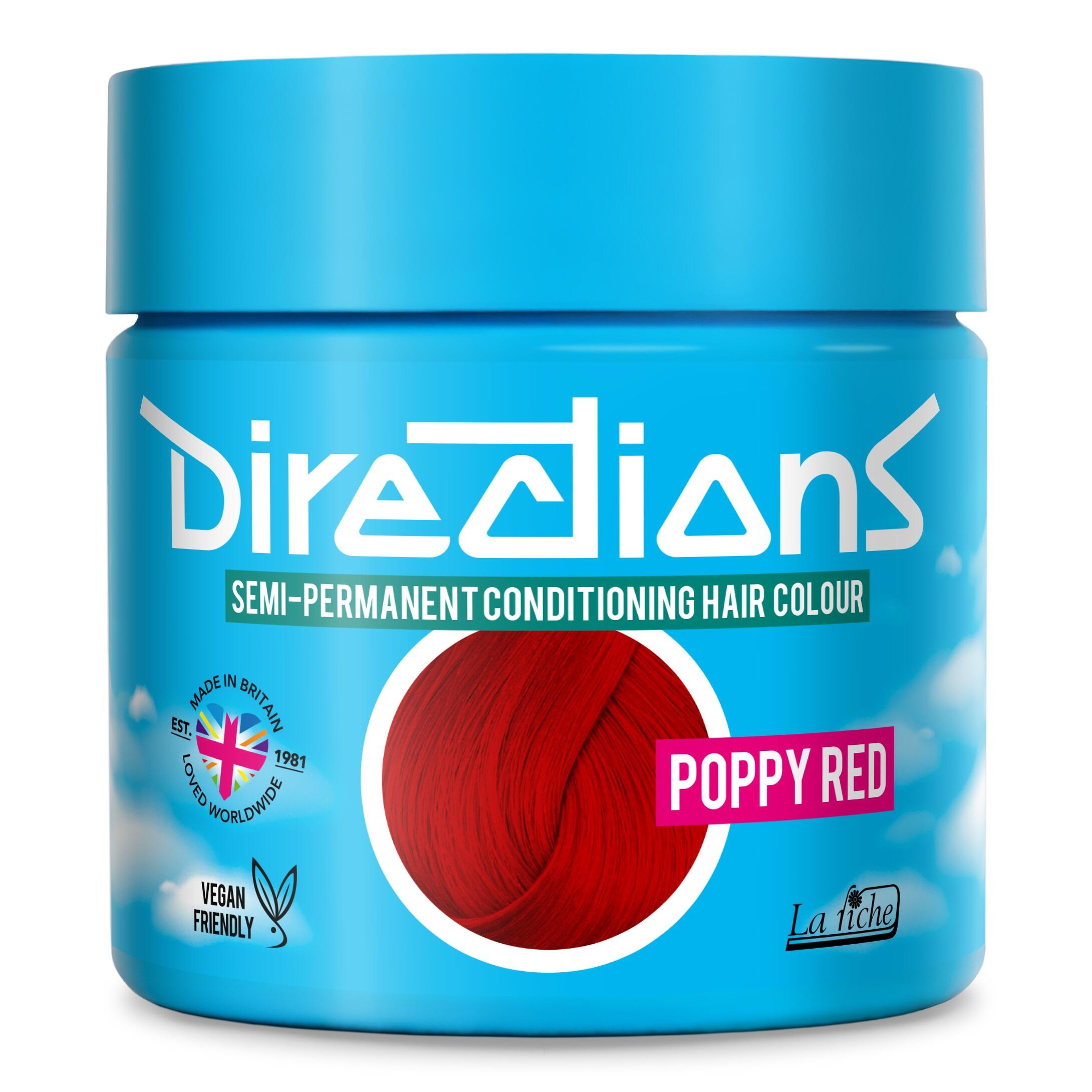 Picture of new directions hair dye pot on white background. Screw top pot with poppy red directions colour inside