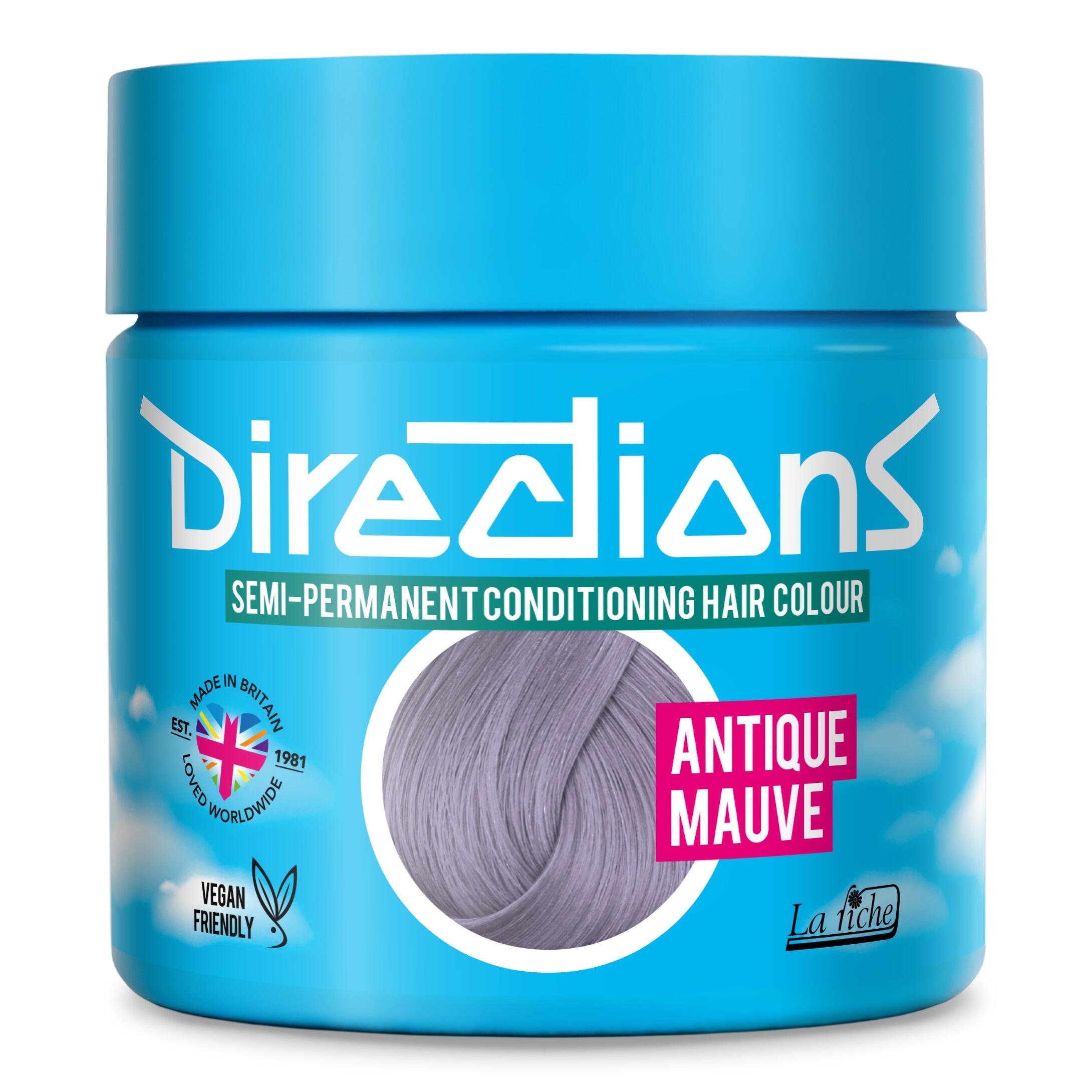 Picture of new directions hair dye pot on white background. Screw top pot with antique mauve directions colour inside