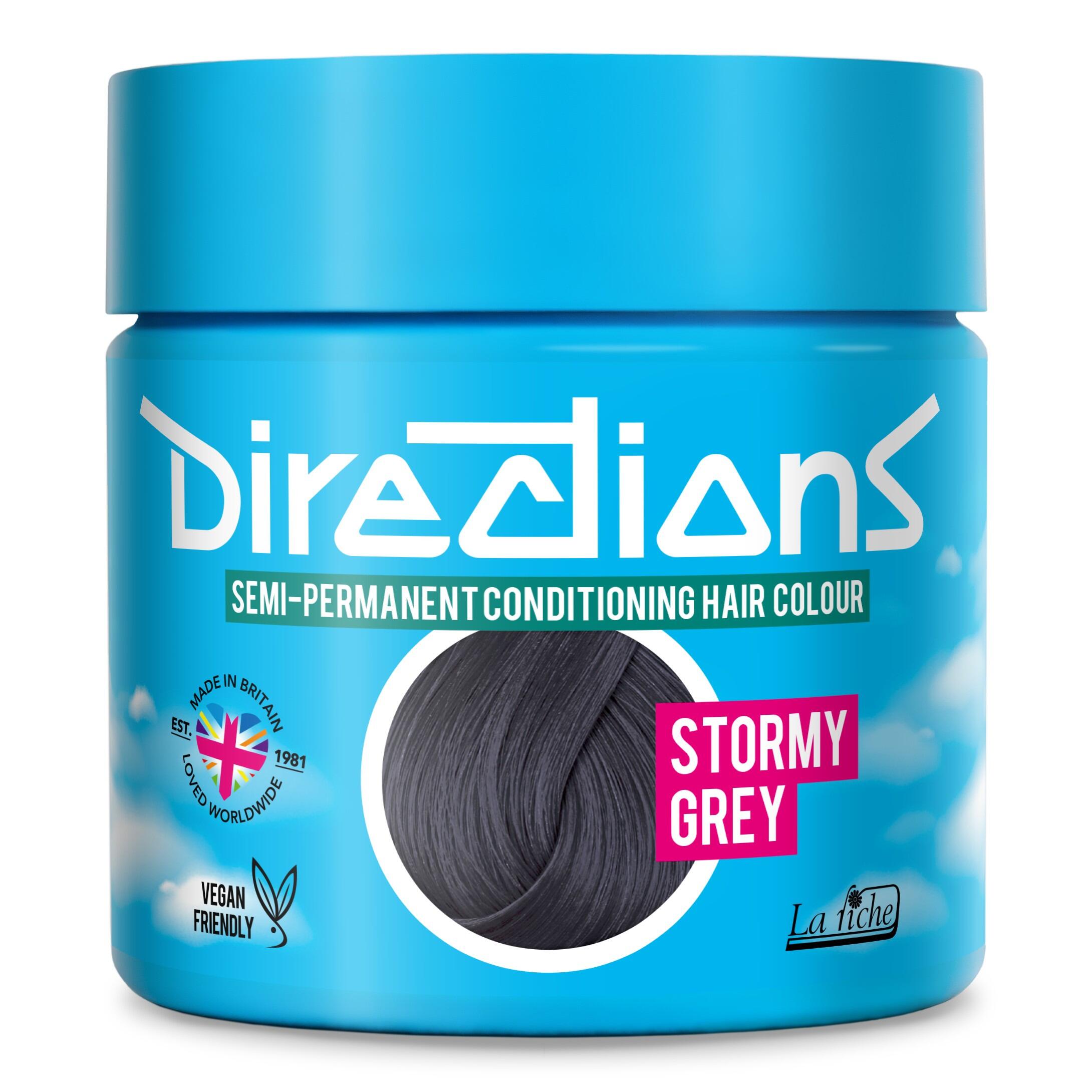 Picture of new directions hair dye pot on white background. Screw top pot with stormy grey directions colour inside