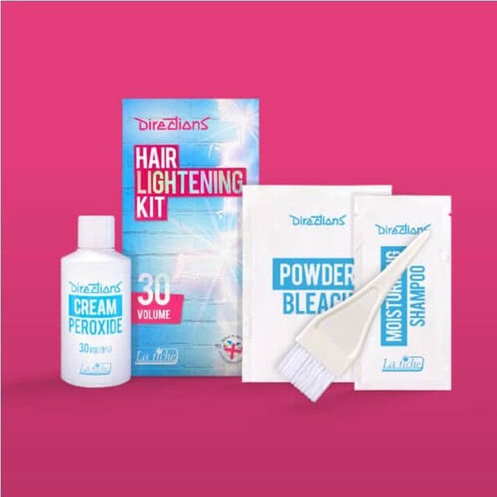 Image show the contents of a directions hair lightening kit. Show peroxide and bleach powder and shampoo