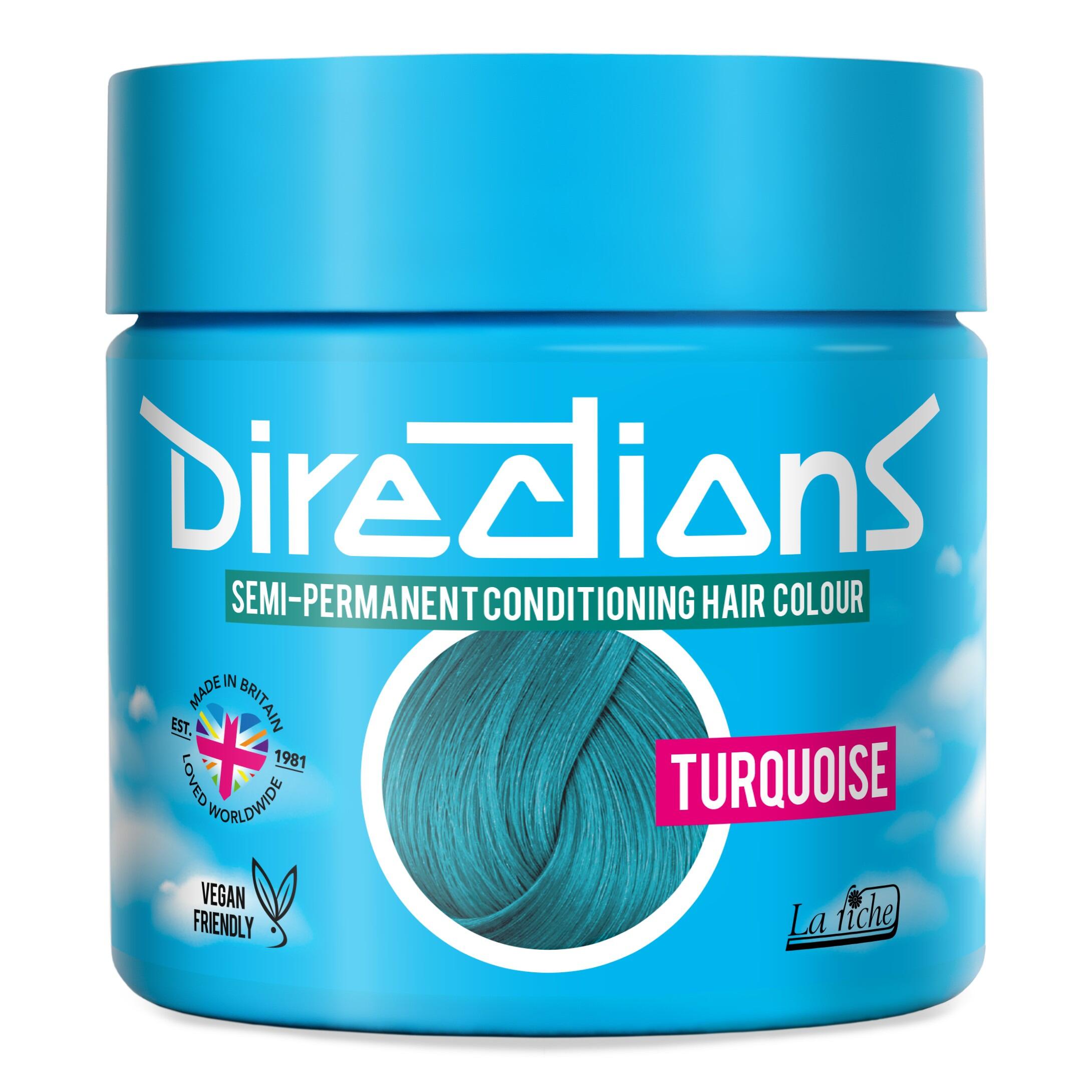 Picture of new directions hair dye pot on white background. Screw top pot with turquoise directions colour inside