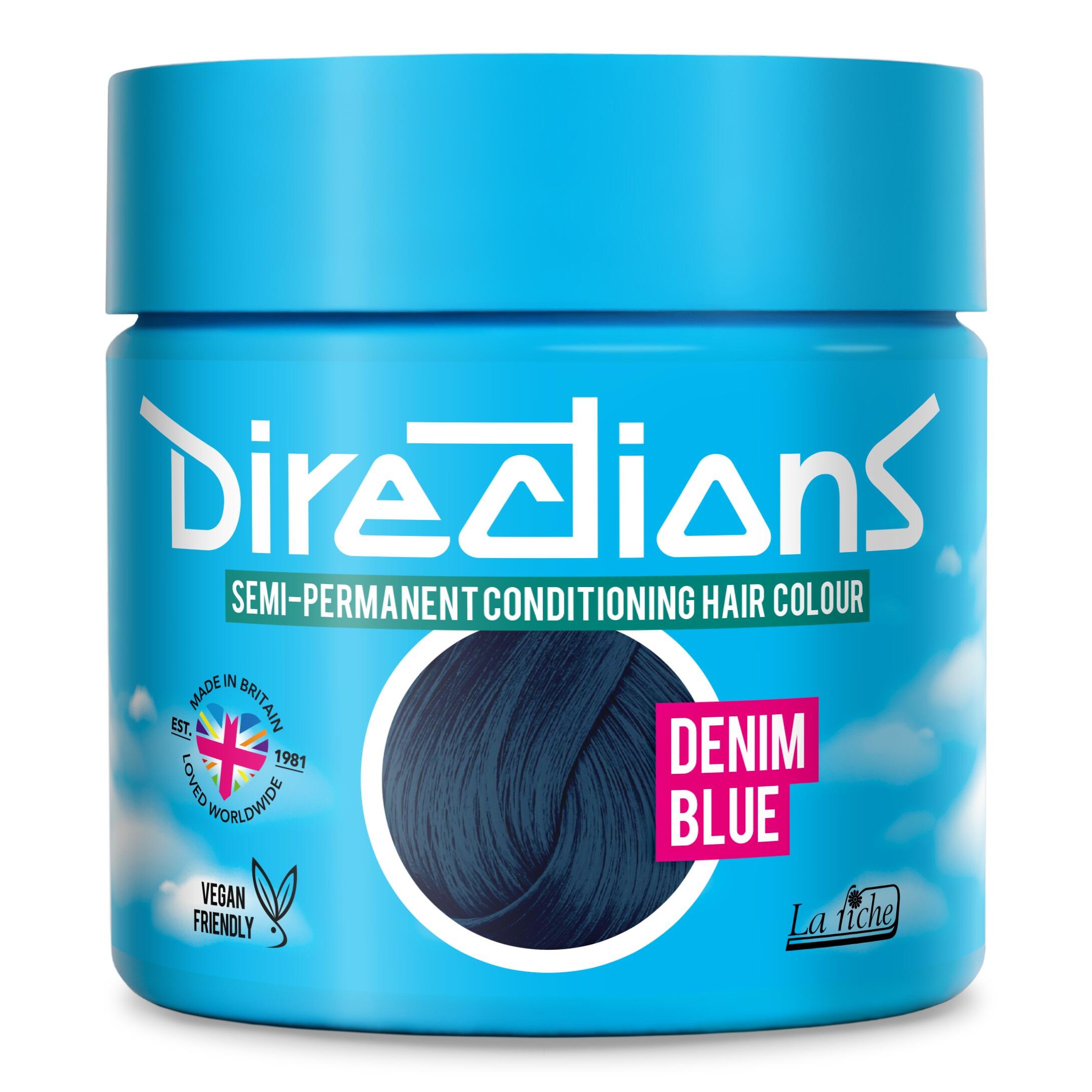 Picture of new directions hair dye pot on white background. Screw top pot with denim blue directions colour inside