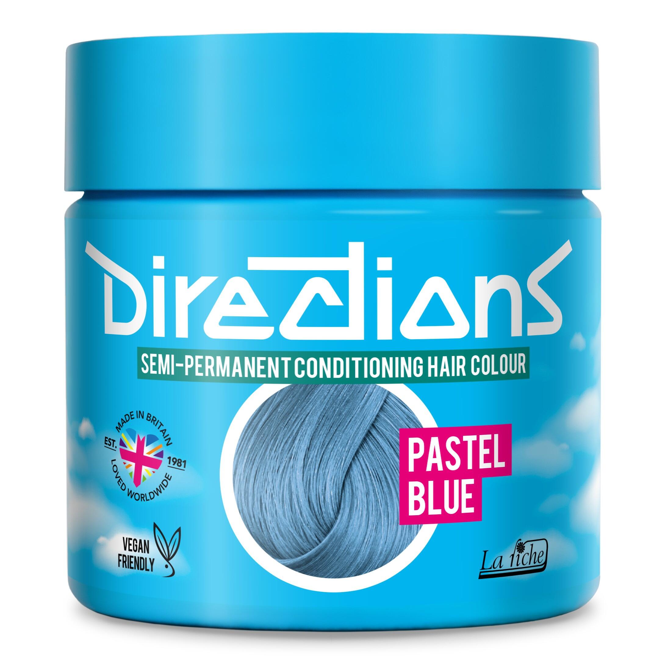 Picture of new directions hair dye pot on white background. Screw top pot with pastel blue directions colour inside