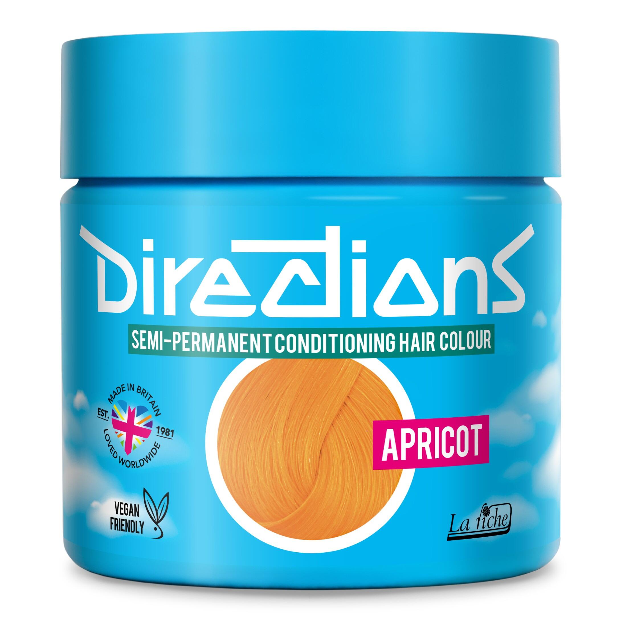 Picture of new directions hair dye pot on white background. Screw top pot with apricot directions colour inside