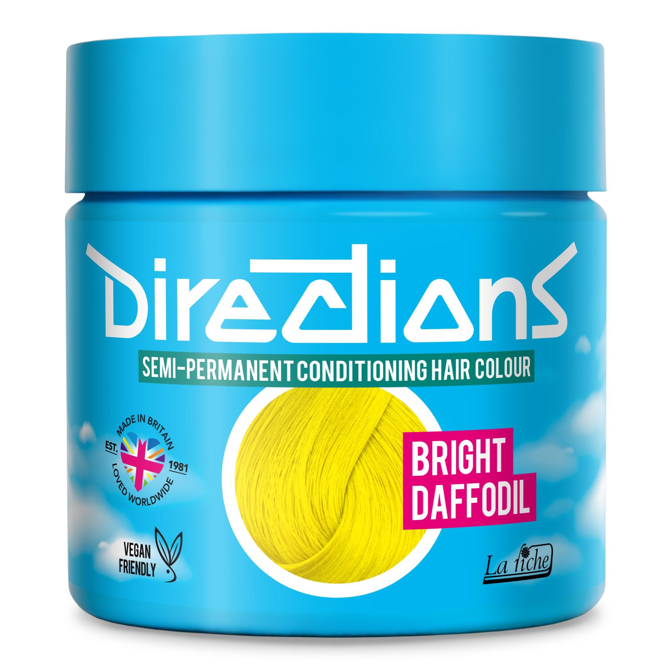 Picture of new directions hair dye pot on white background. Screw top pot with bright daffodil directions colour inside