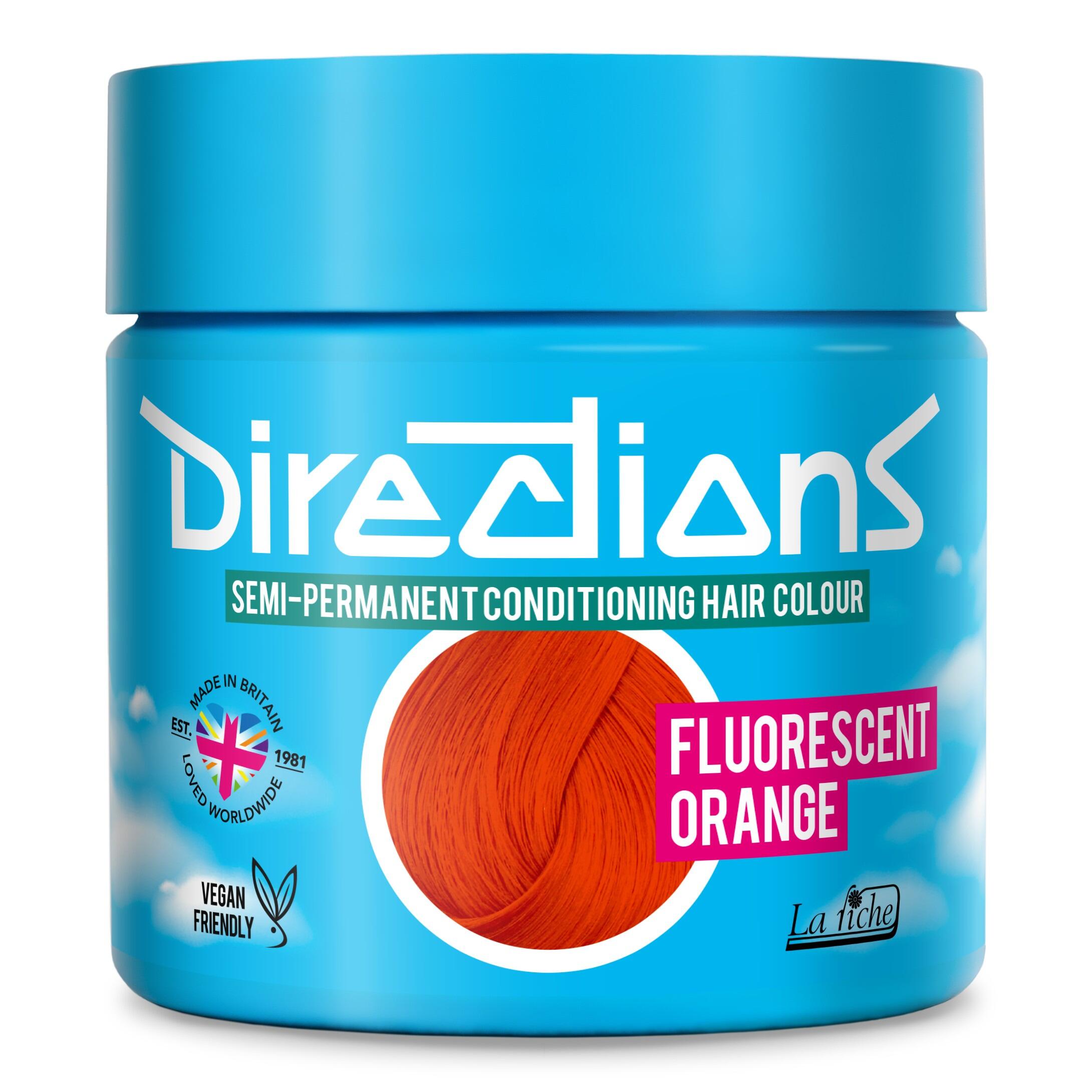 Picture of new directions hair dye pot on white background. Screw top pot with fluorescent orange directions colour inside