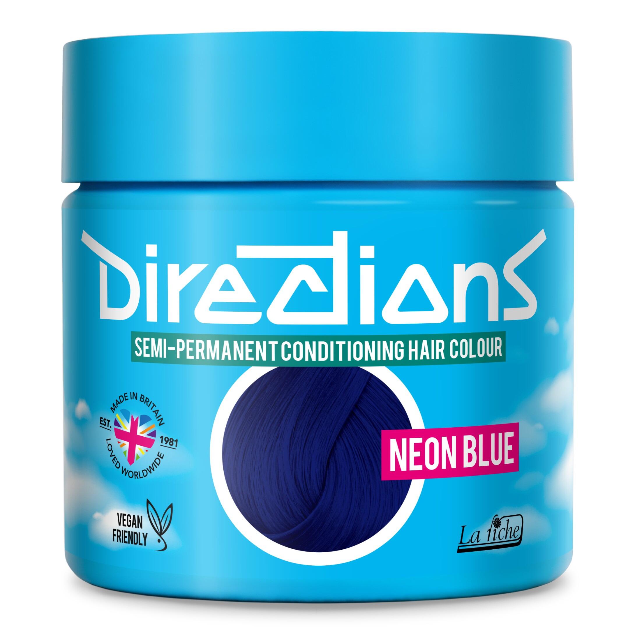 Picture of new directions hair dye pot on white background. Screw top pot with neon blue directions colour inside