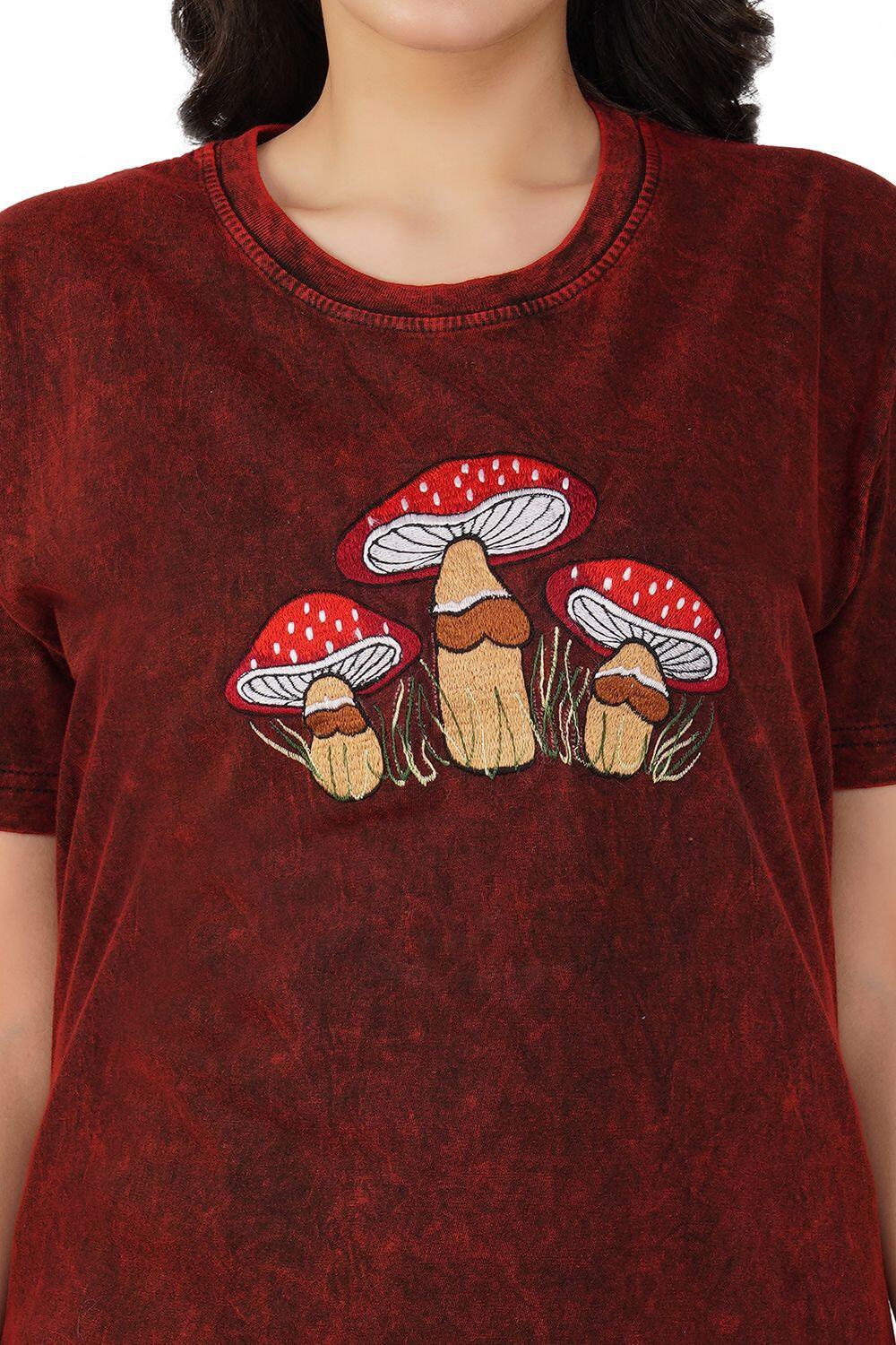 Burgundy colour t-shirt with embroidered mushroom design