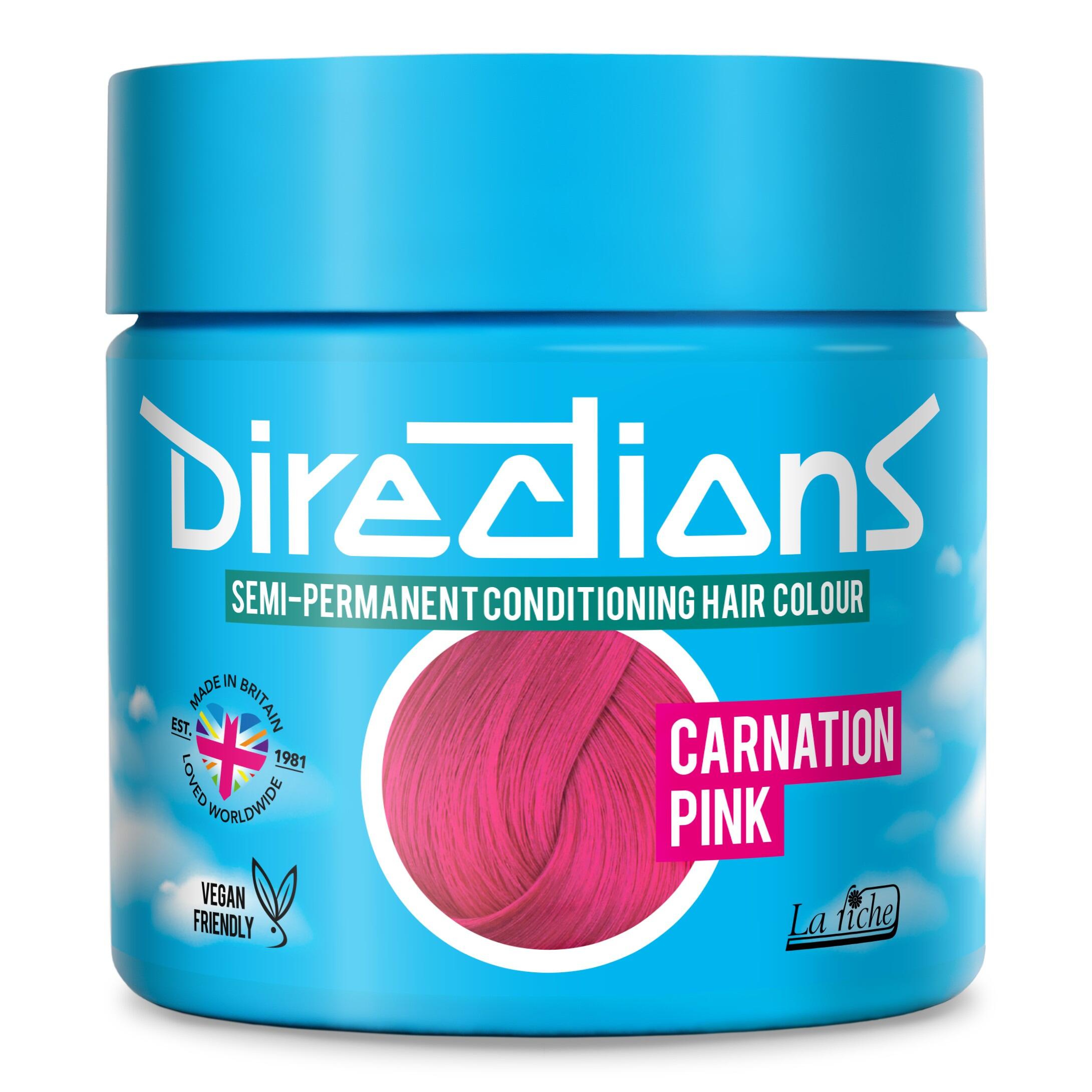 Picture of new directions hair dye pot on white background. Screw top pot with carnation pink directions colour inside
