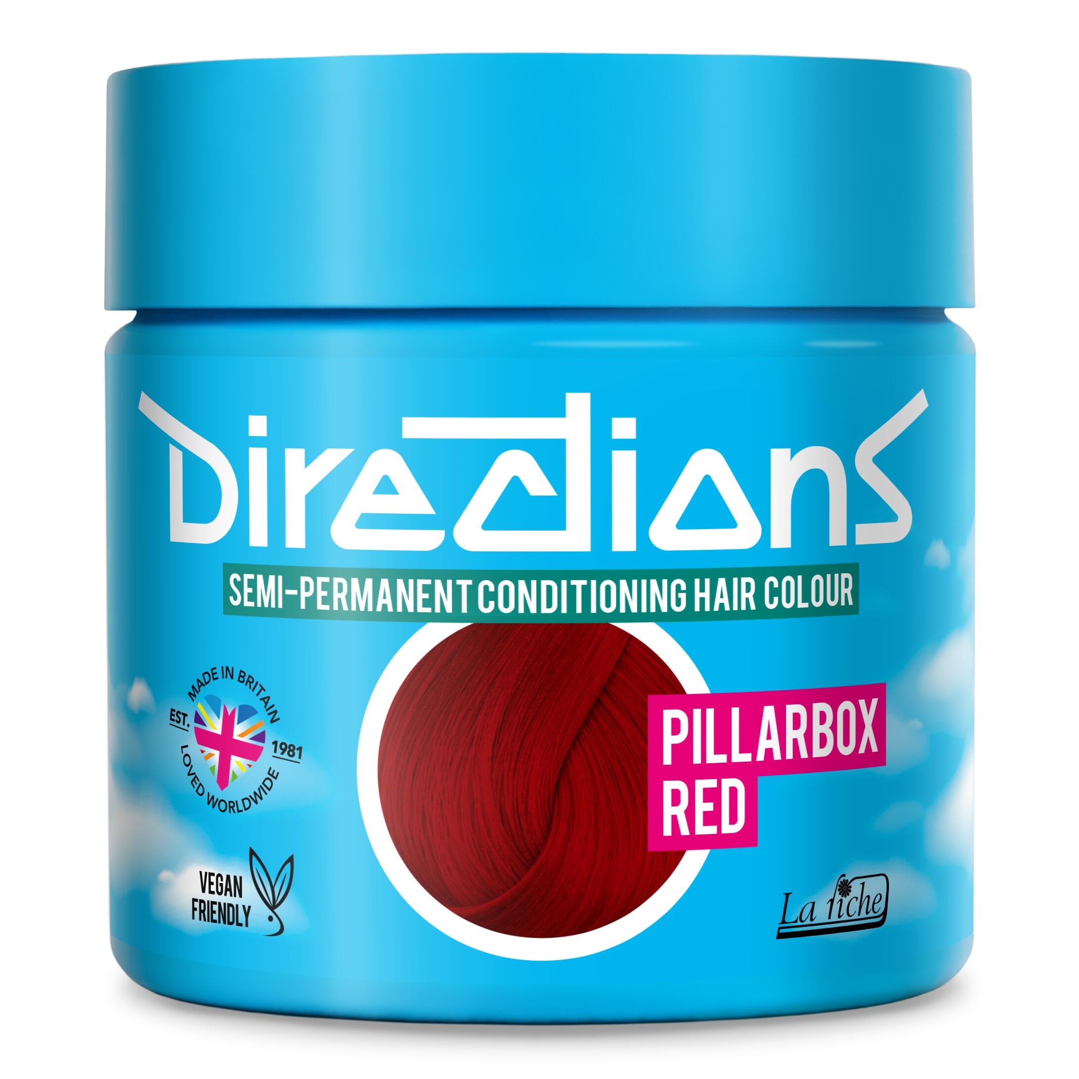 Picture of new directions hair dye pot on white background. Screw top pot with pillarbox red directions colour inside