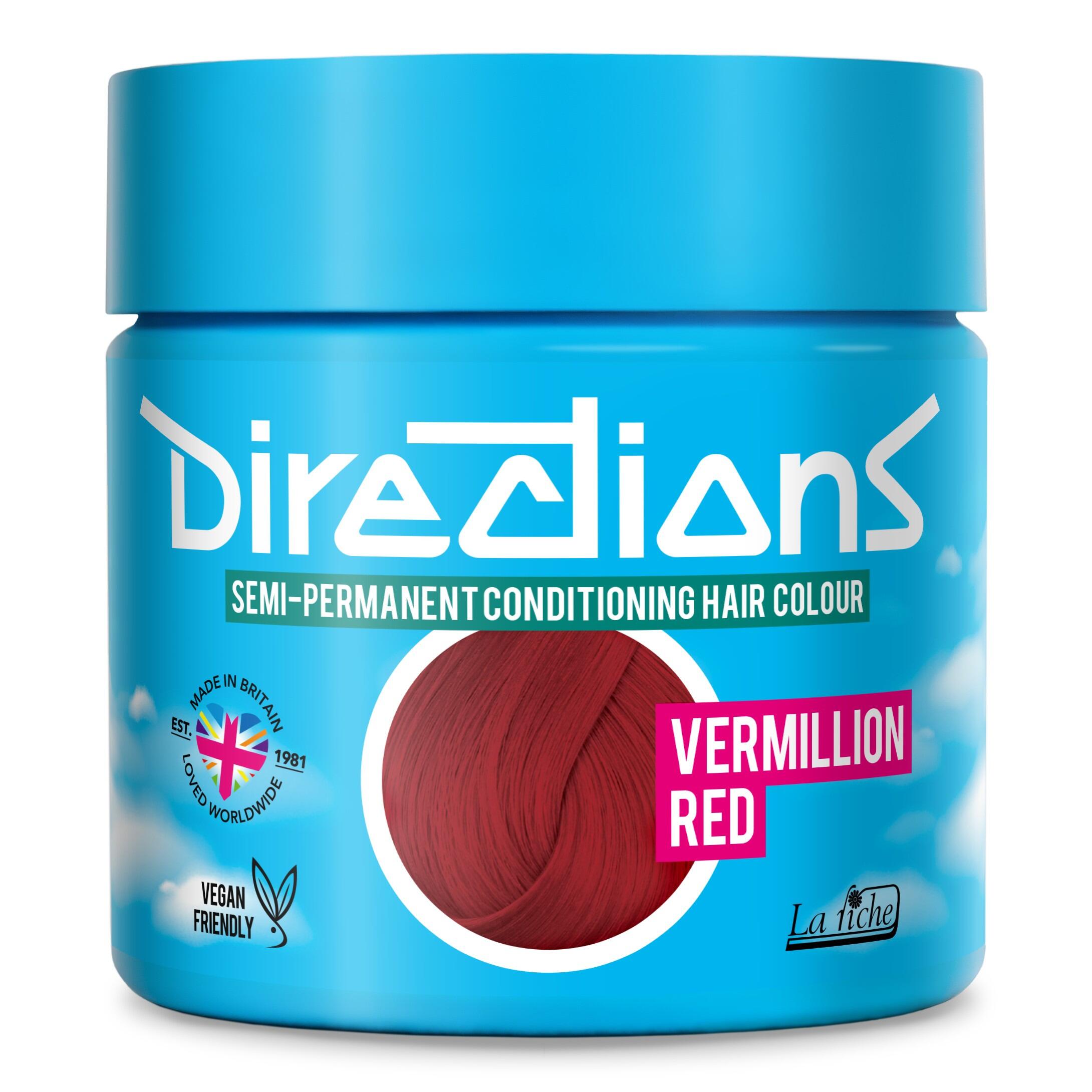 Picture of new directions hair dye pot on white background. Screw top pot with vermillion red directions colour inside