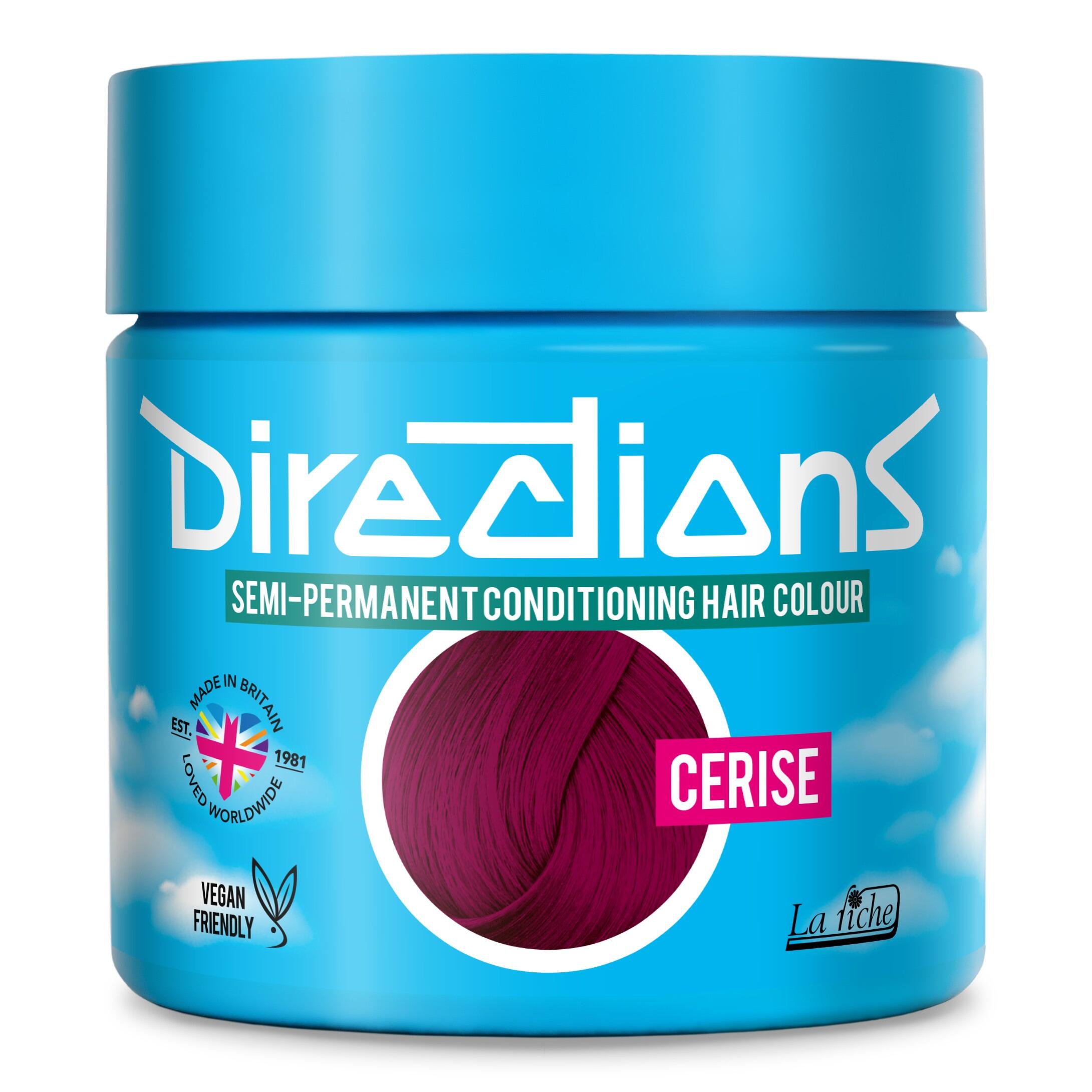 Picture of new directions hair dye pot on white background. Screw top pot with cerise directions colour inside