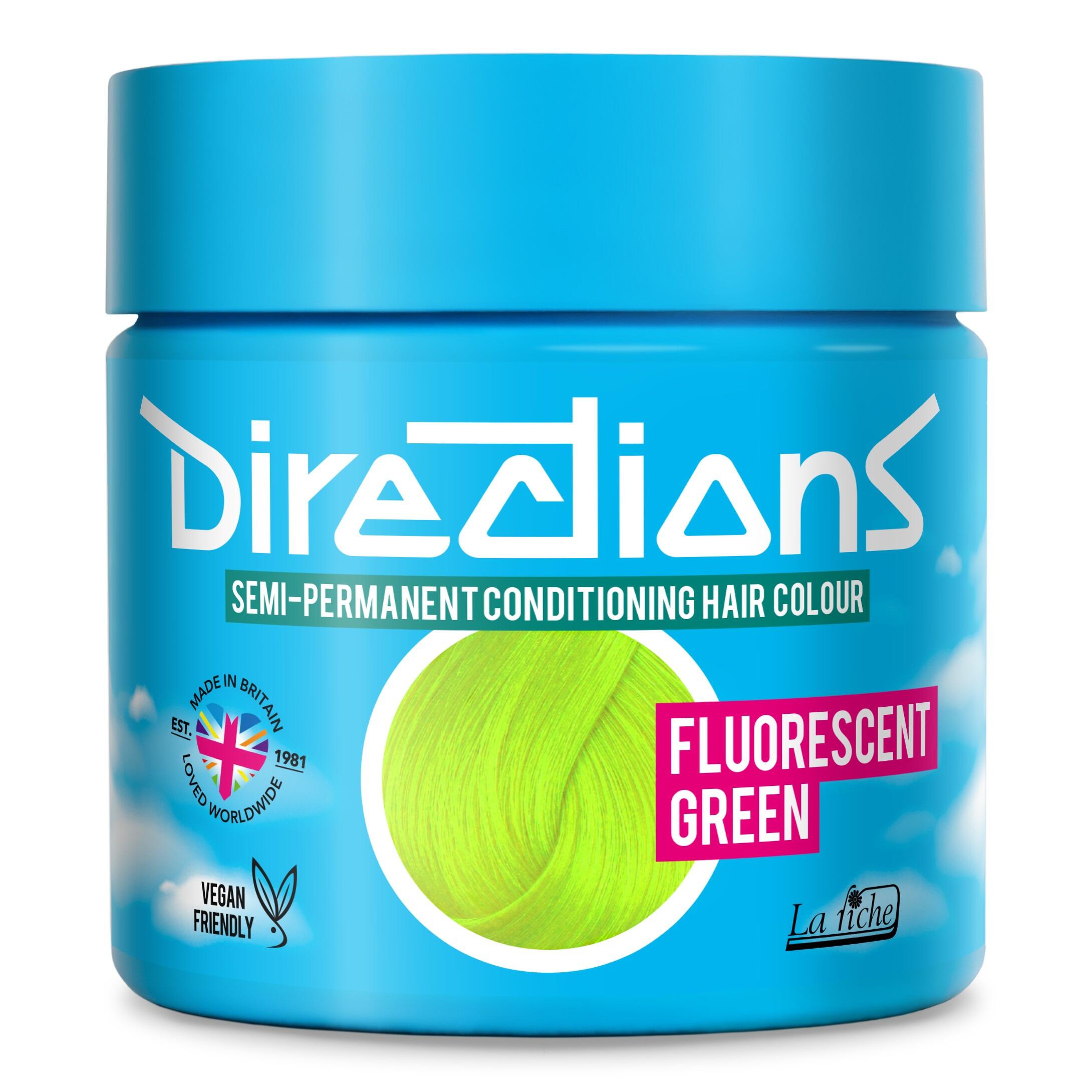 Picture of new directions hair dye pot on white background. Screw top pot with fluorescent green directions colour inside