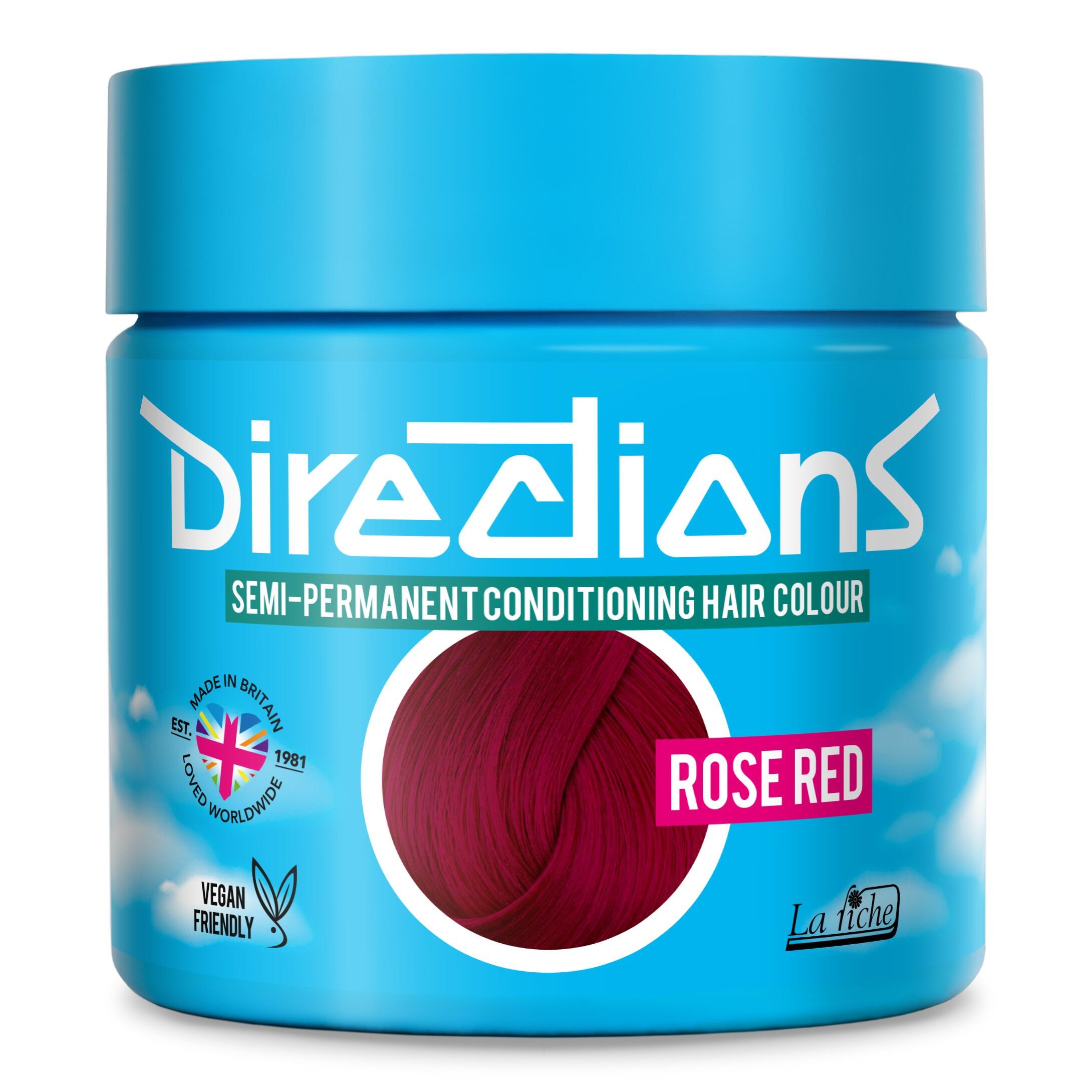 Picture of new directions hair dye pot on white background. Screw top pot with rose red directions colour inside