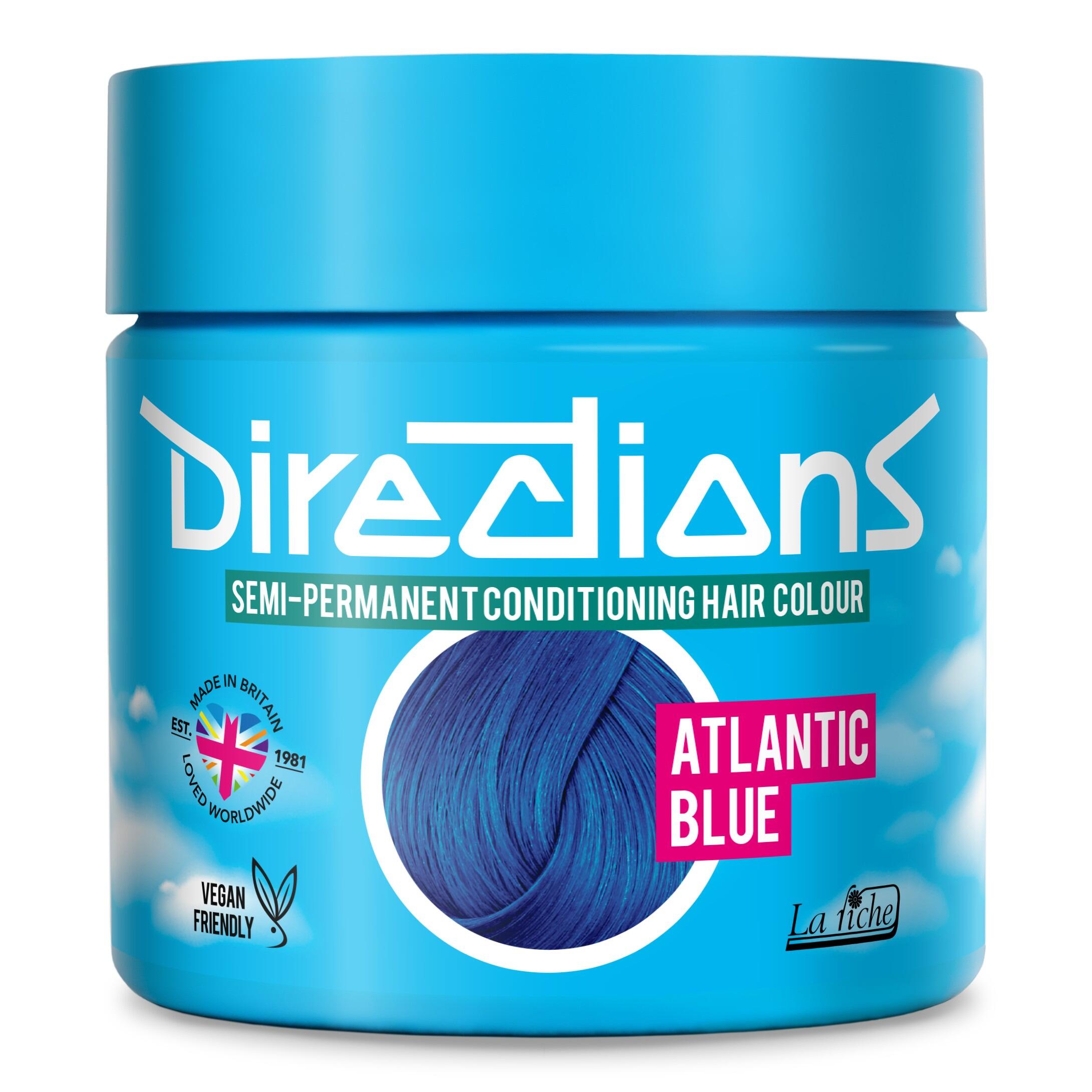 Picture of new directions hair dye pot on white background. Screw top pot with atlantic blue directions colour inside