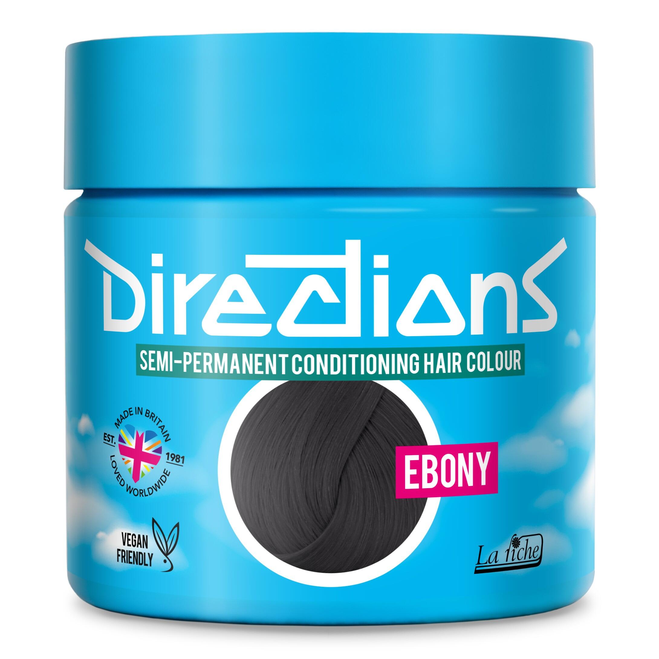 Picture of new directions hair dye pot on white background. Screw top pot with ebony directions colour inside