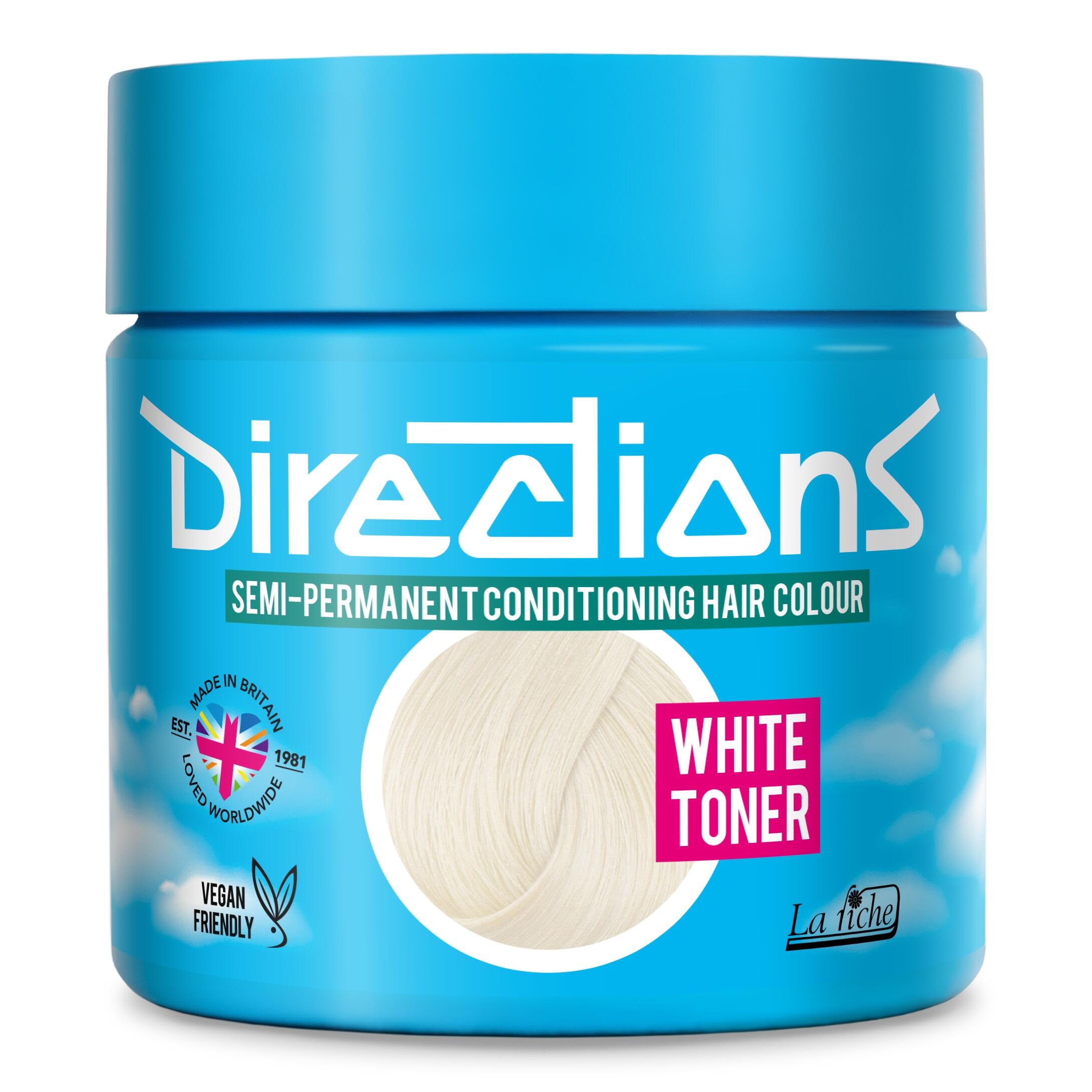 Picture of new directions hair dye pot on white background. Screw top pot with white toner directions colour inside