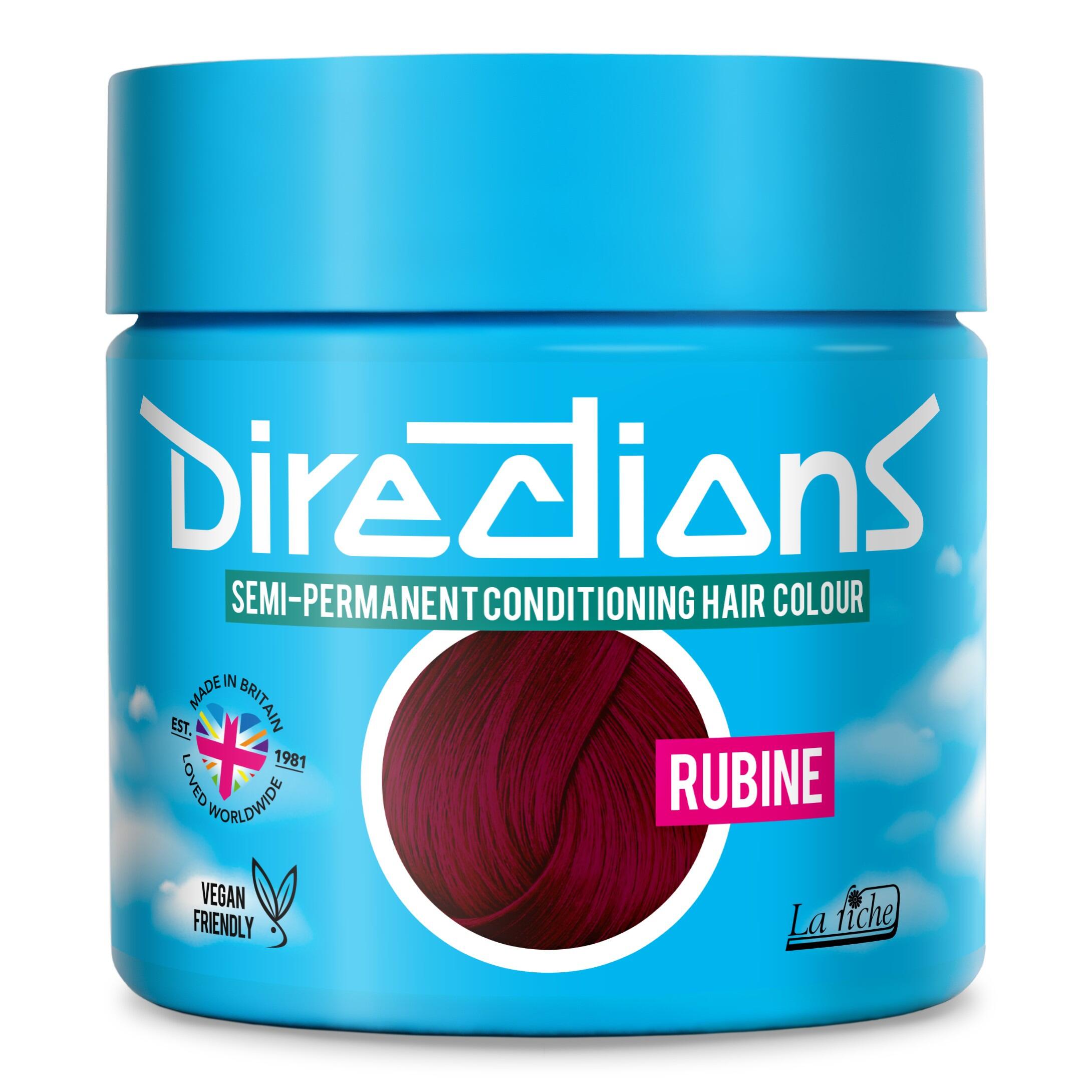 Picture of new directions hair dye pot on white background. Screw top pot with rubine directions colour inside