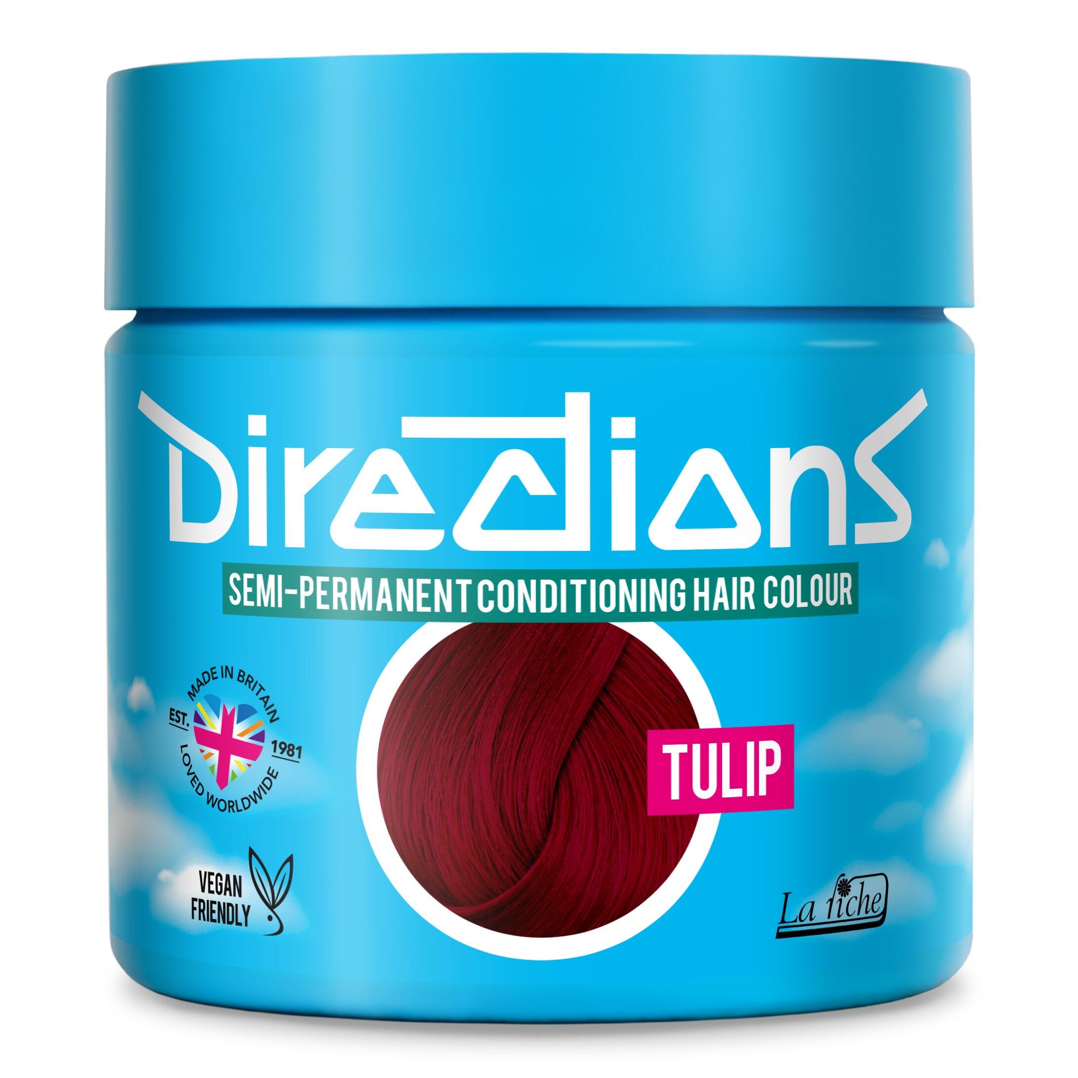 Picture of new directions hair dye pot on white background. Screw top pot with tulip directions colour inside