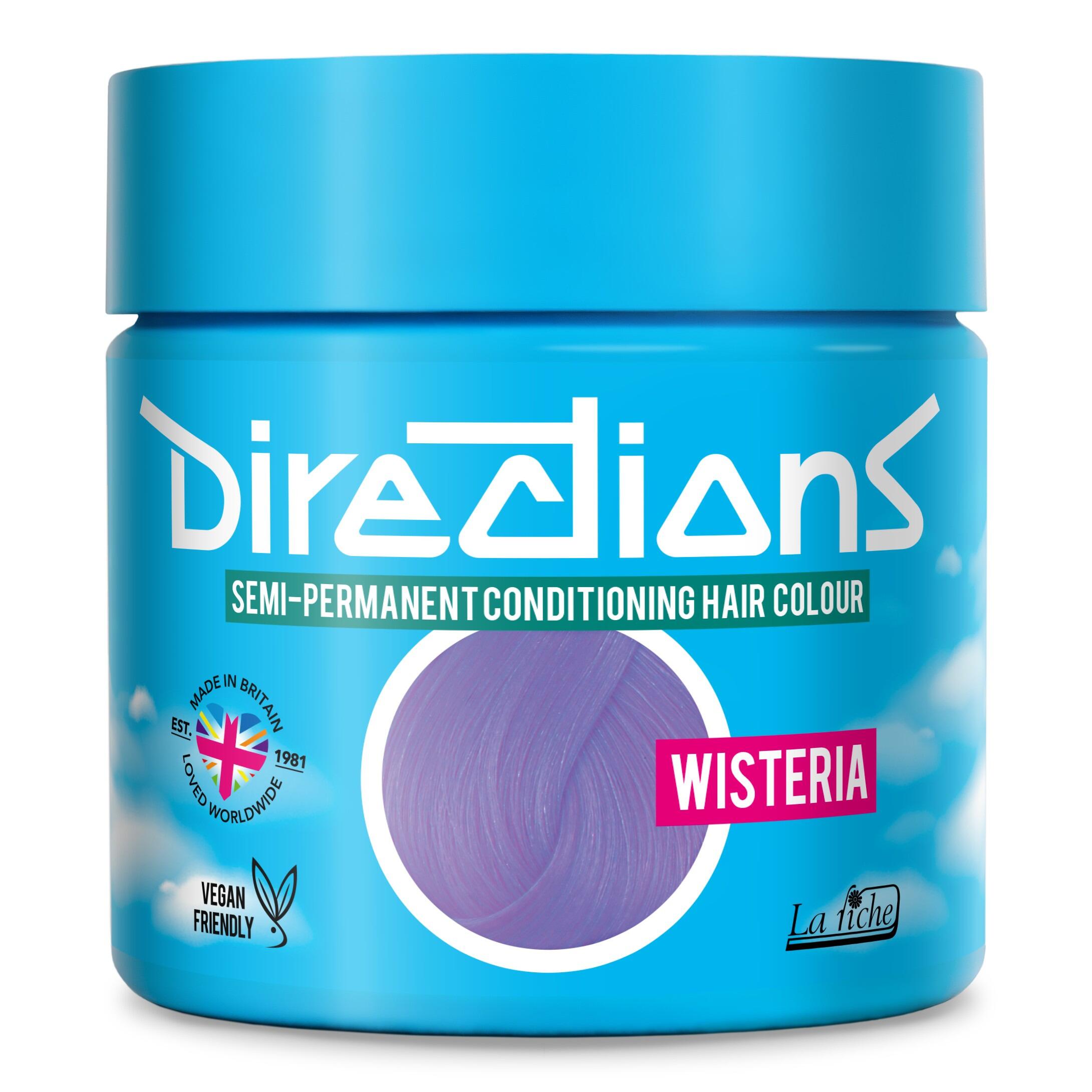 Picture of new directions hair dye pot on white background. Screw top pot with wisteria directions colour inside