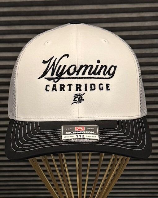 white front panel with black bill Wyoming Cartridge Company logo centered on the panel