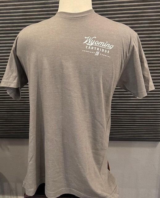 front of gray t-shirt with Wyoming Cartridge Co logo on the upper left side