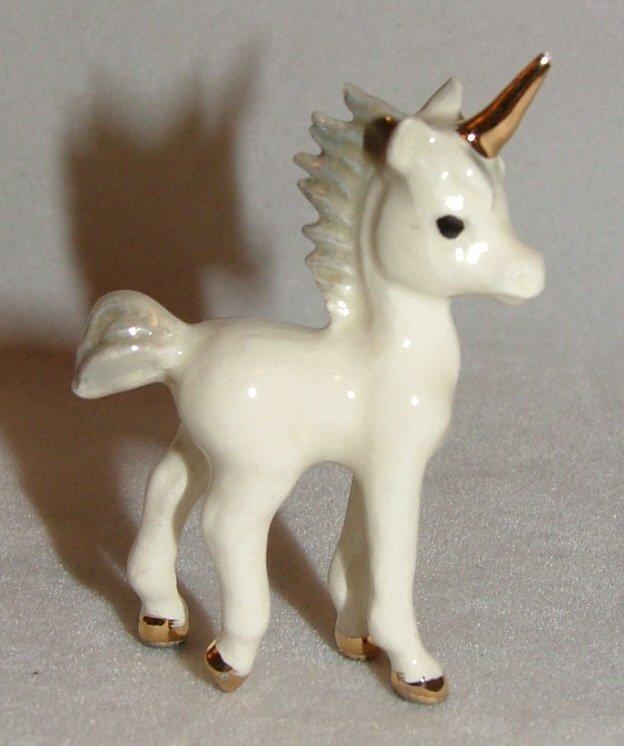 H Renaker Miniature white Unicorn Figurine with Gold Horn Hooves and Flowers 