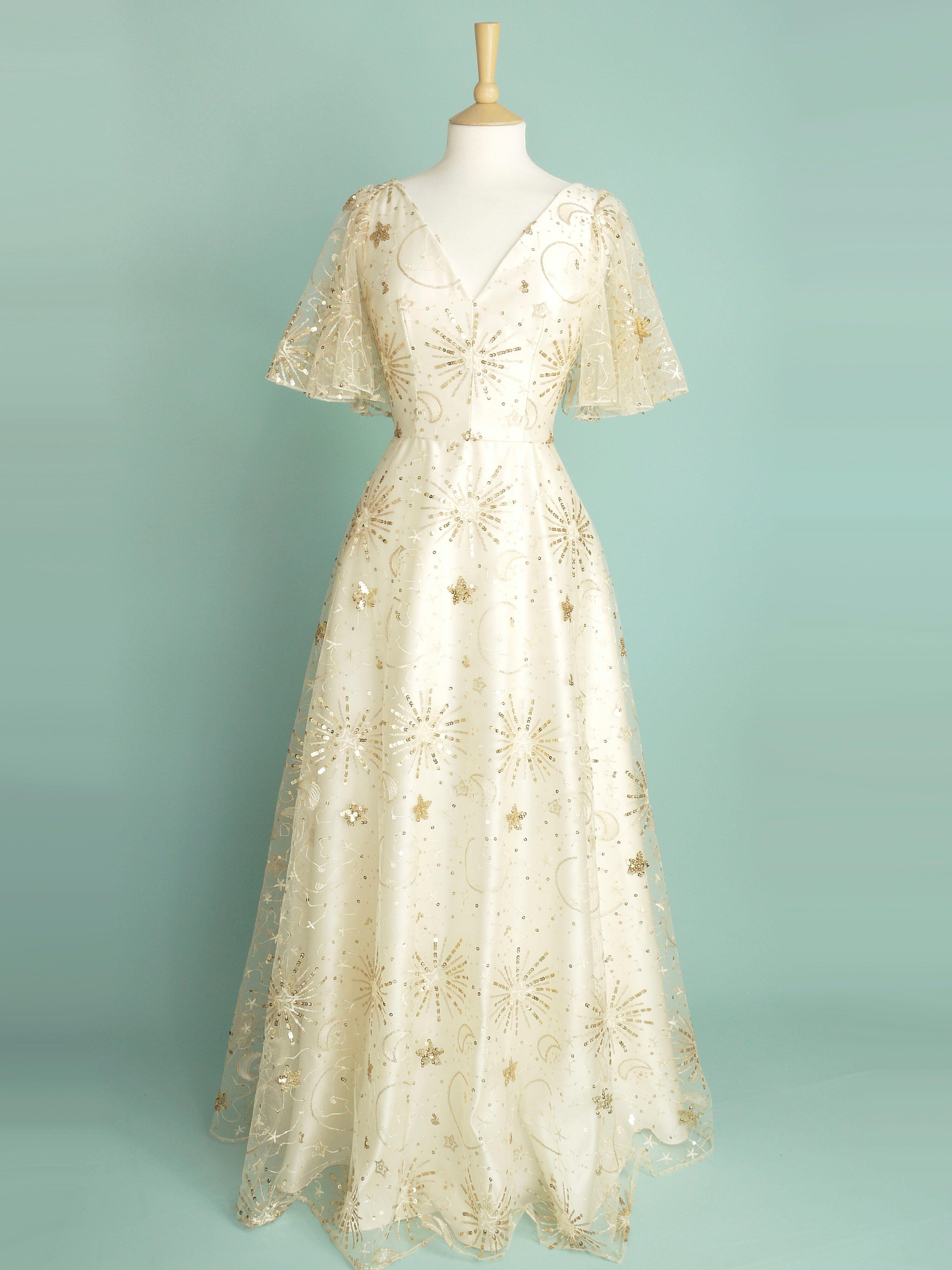 Wedding dress made in gold sparkly celestial lace over ivory duchess satin