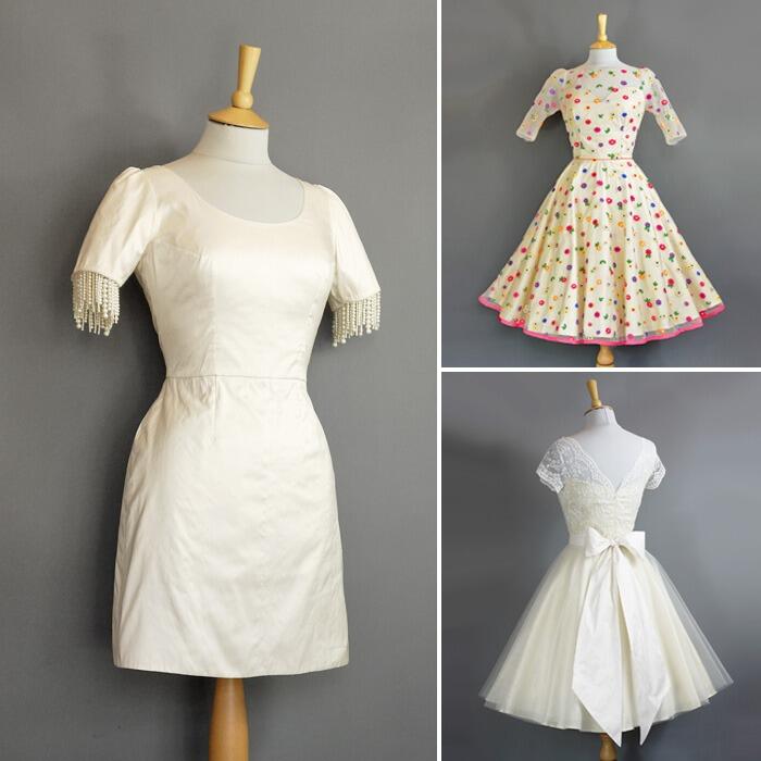 Three bespoke short wedding dresses displayed on vintage mannequins