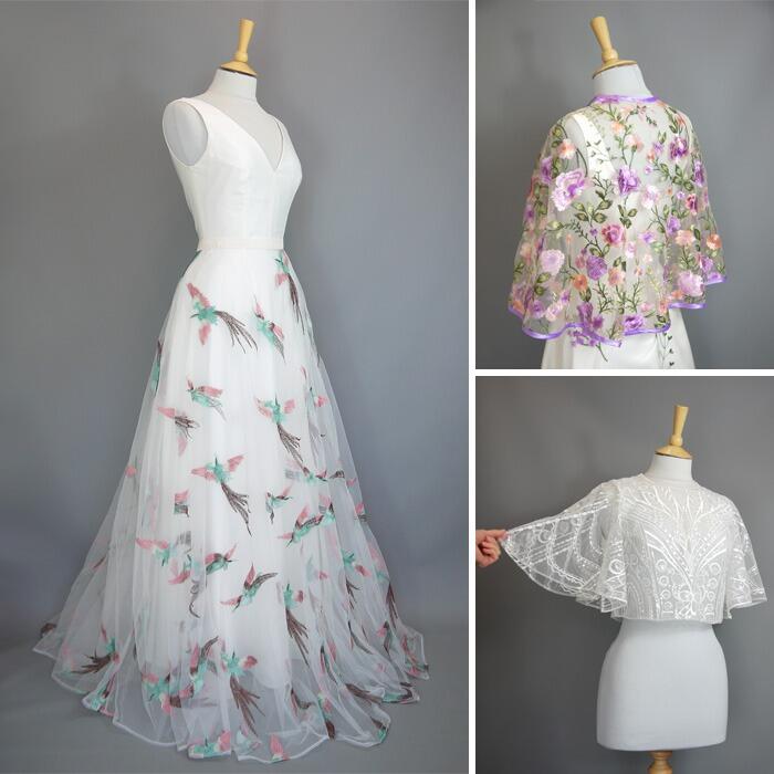 A selection of custom made lace bridal overskirts, capes and lace tops