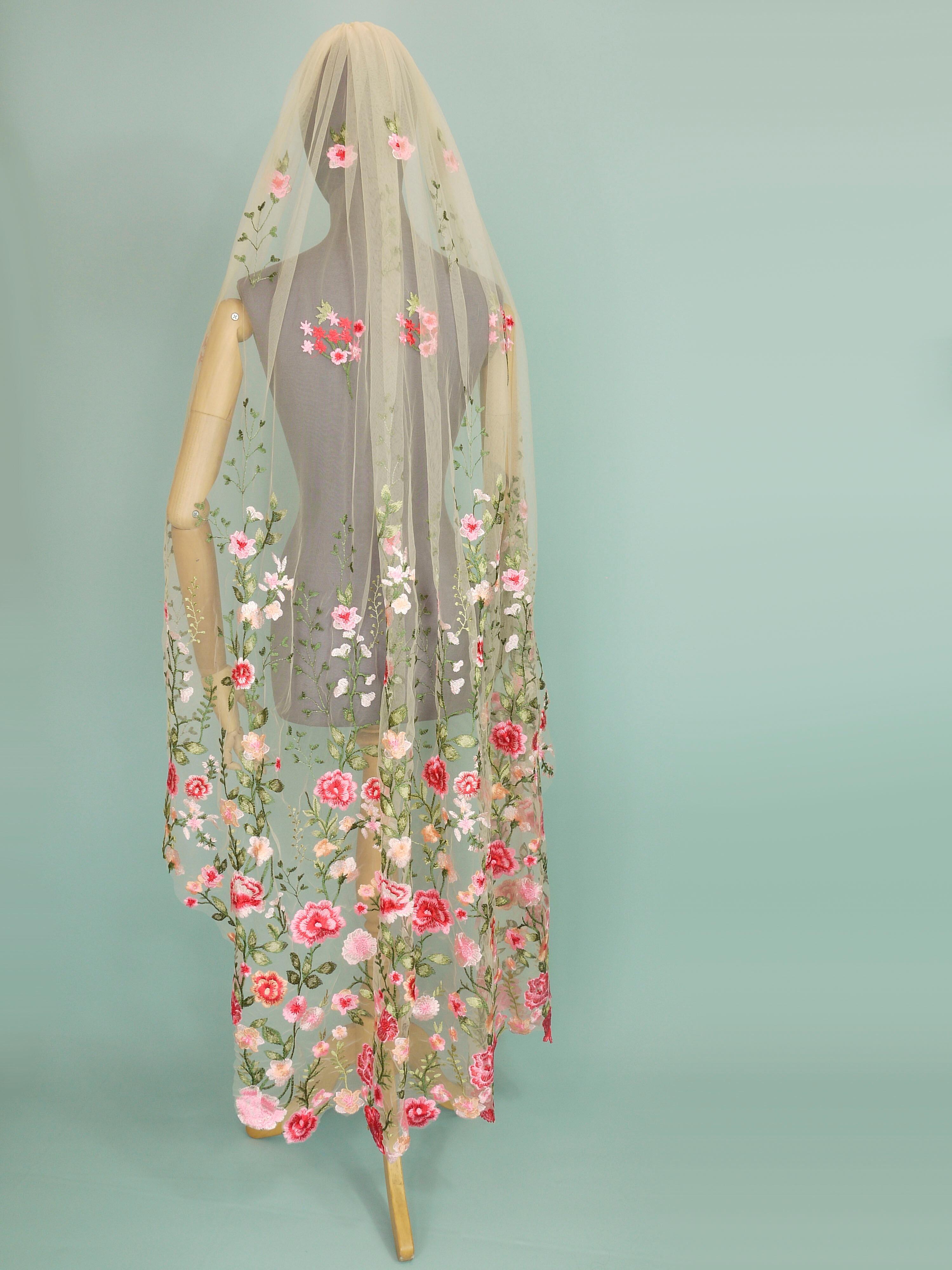Pink floral lace bridal veil