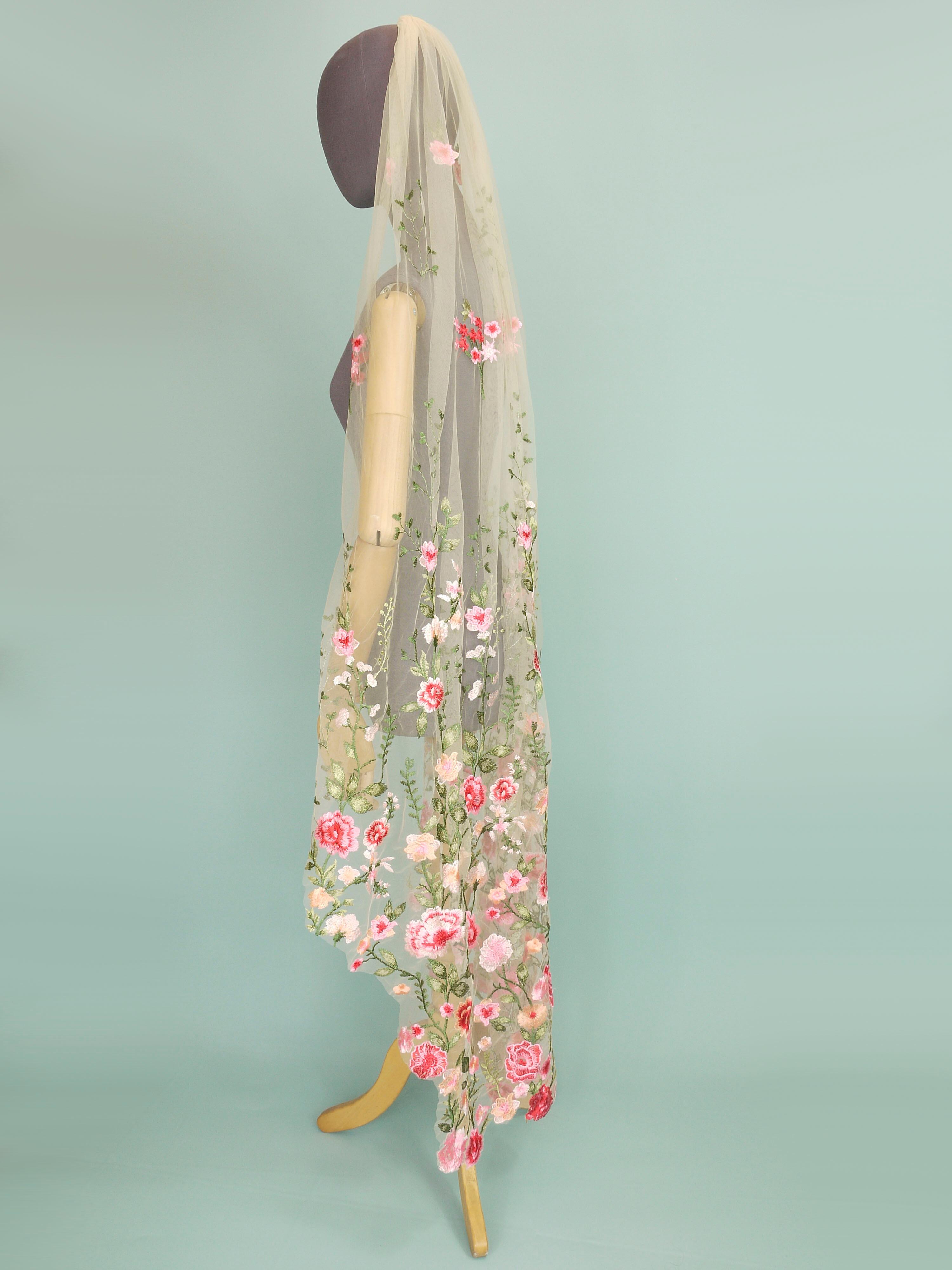 Pink floral lace bridal veil