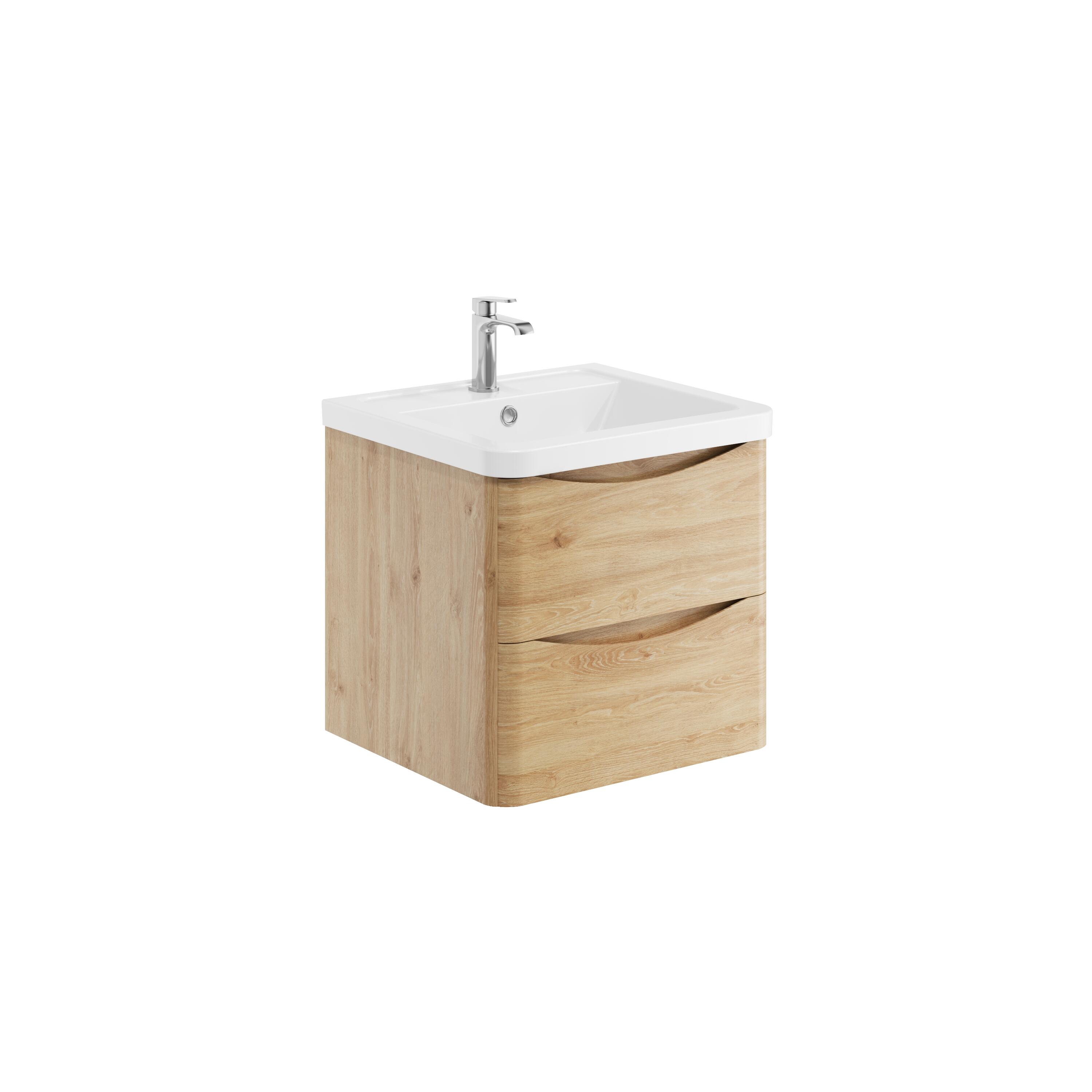 Scudo Bella wall mounted vanity unit, 495mm wide, Davos Oak finish, contemporary style