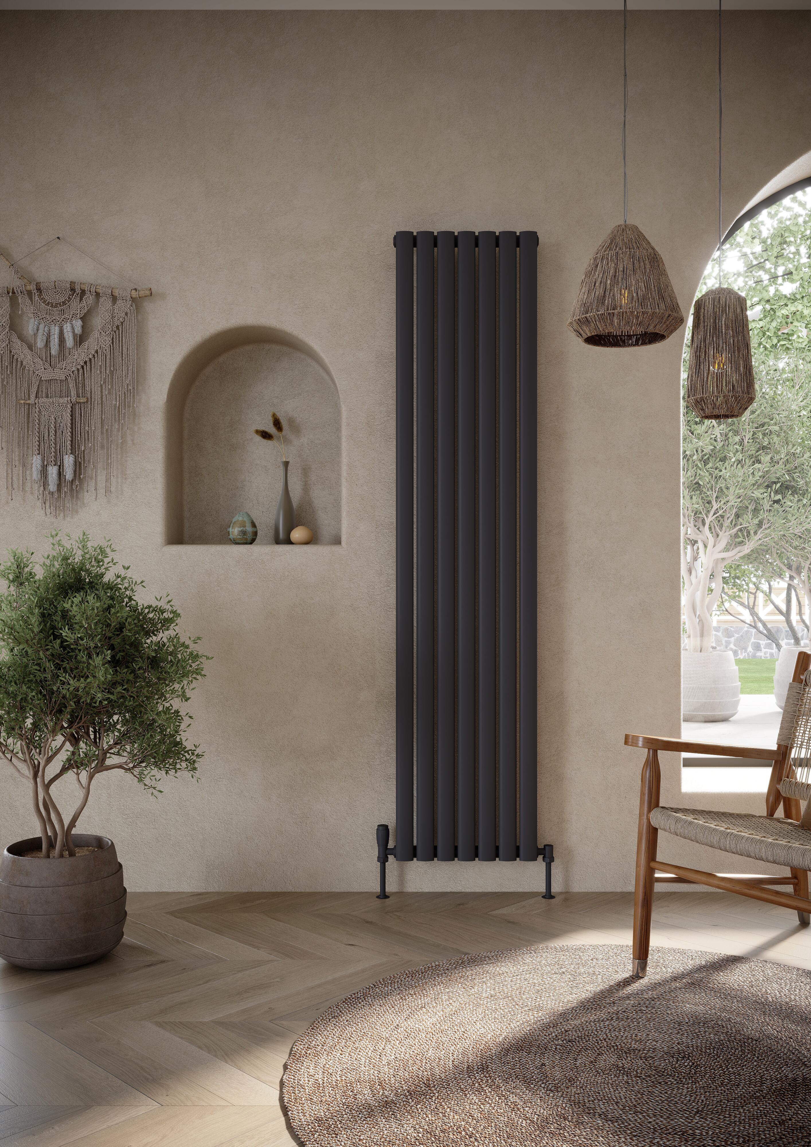Scudo Apex single panel designer radiator in anthracite finish, 1800mm height x 413mm width, vertical orientation