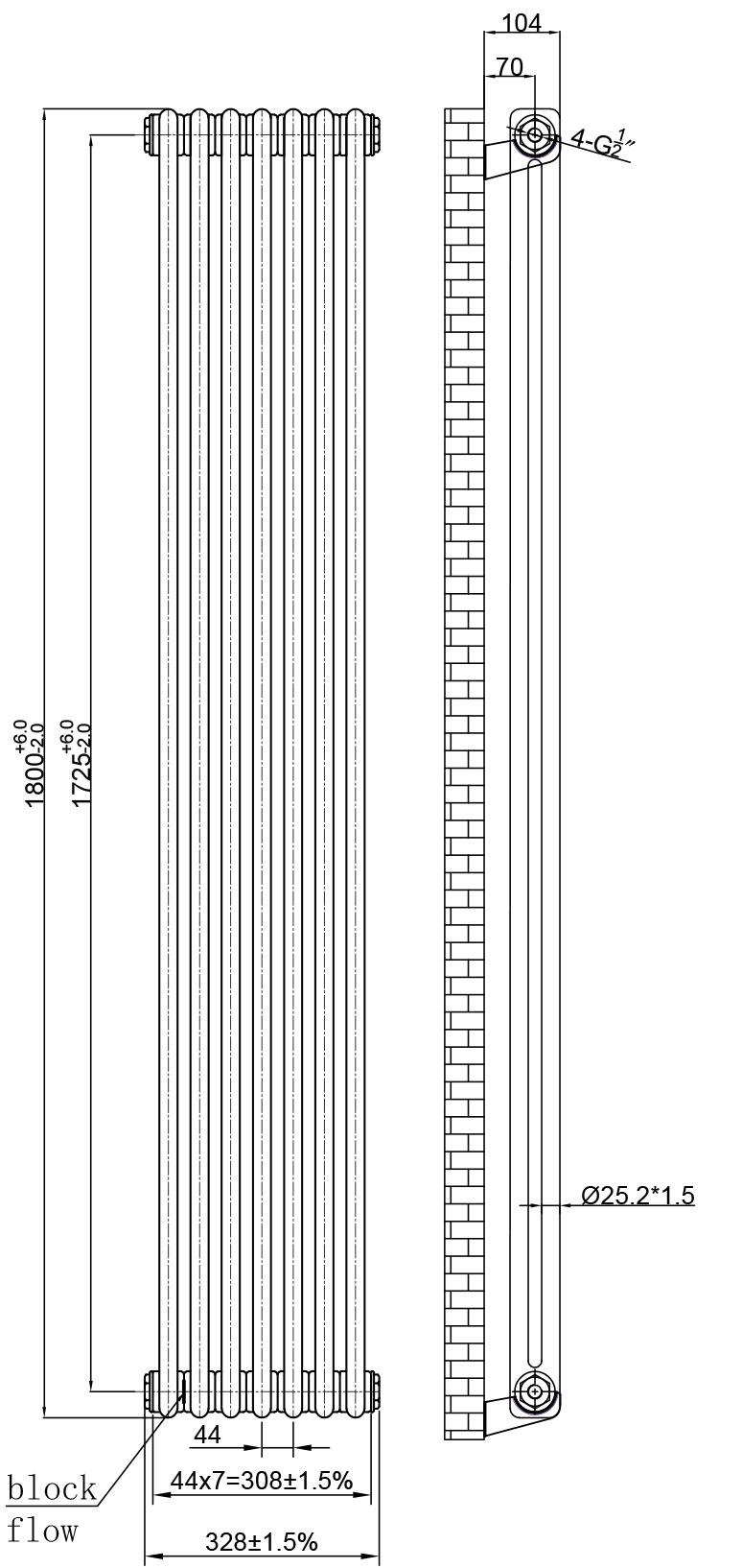Scudo Column designer radiator in raw metal finish, vertical 2-column design, 1800mm height