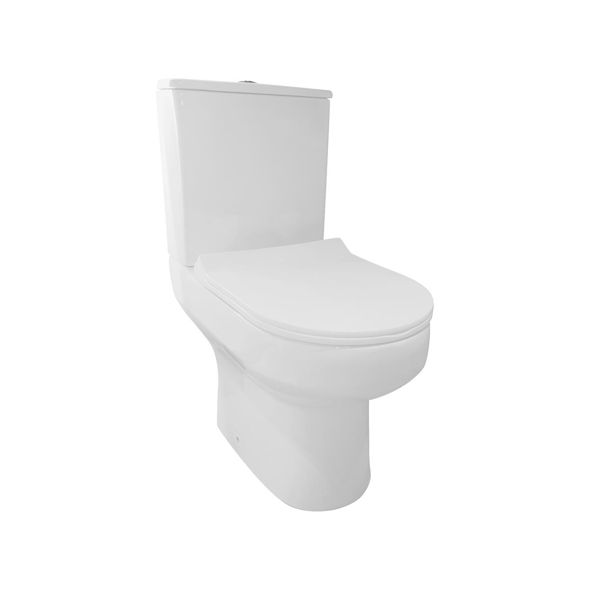 Scudo Spa white ceramic rimless close coupled WC pan and seat, contemporary round design
