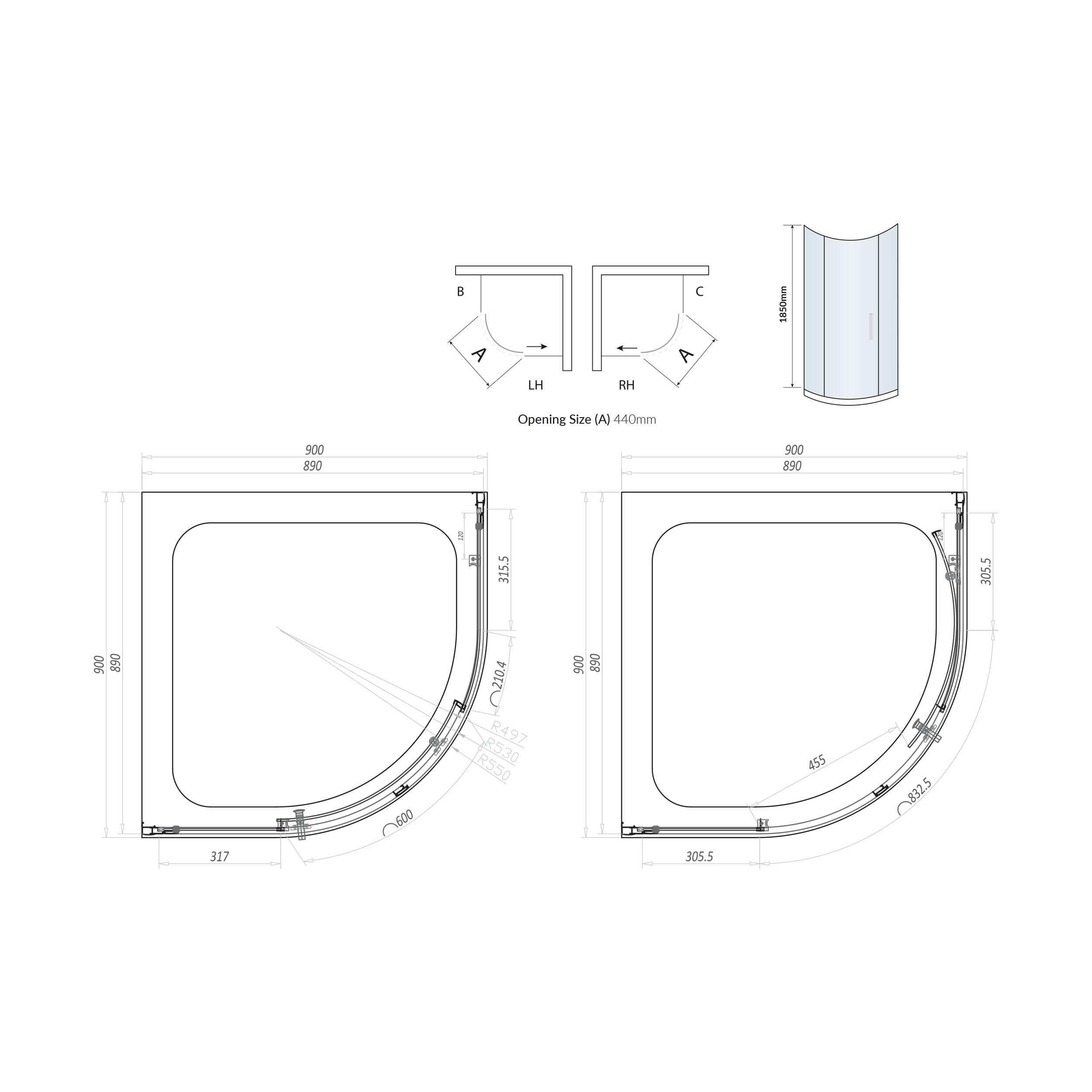 Scudo S6 single door quadrant shower enclosure 900mm, clear glass, chrome frame
