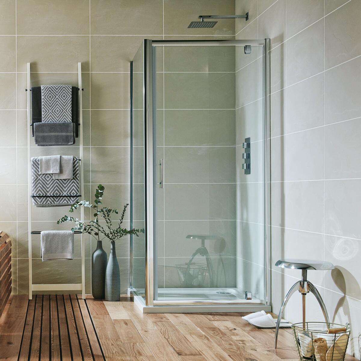 Scudo S6 800mm bifold semi-frameless shower door with clear glass and chrome frame