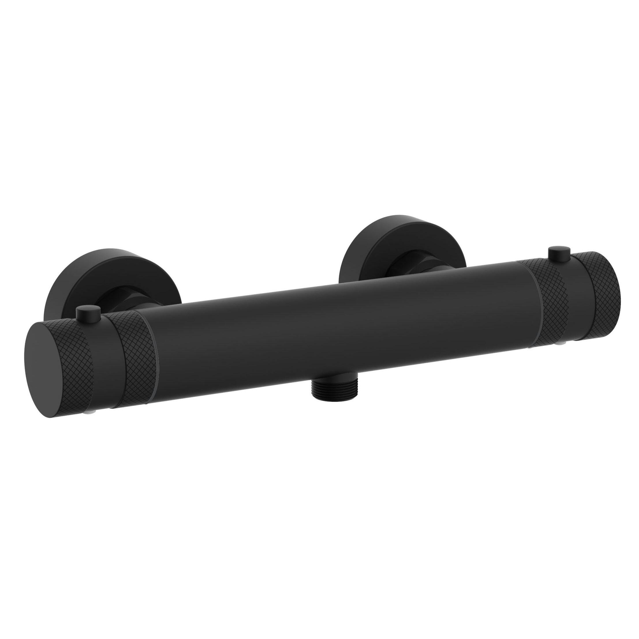 Scudo Core thermostatic diverter bar valve in black brass with knob controls