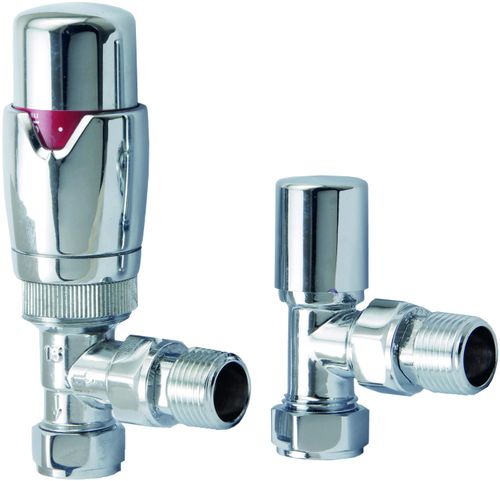Scudo Designer angled thermostatic radiator valves, twin pack, chrome finish