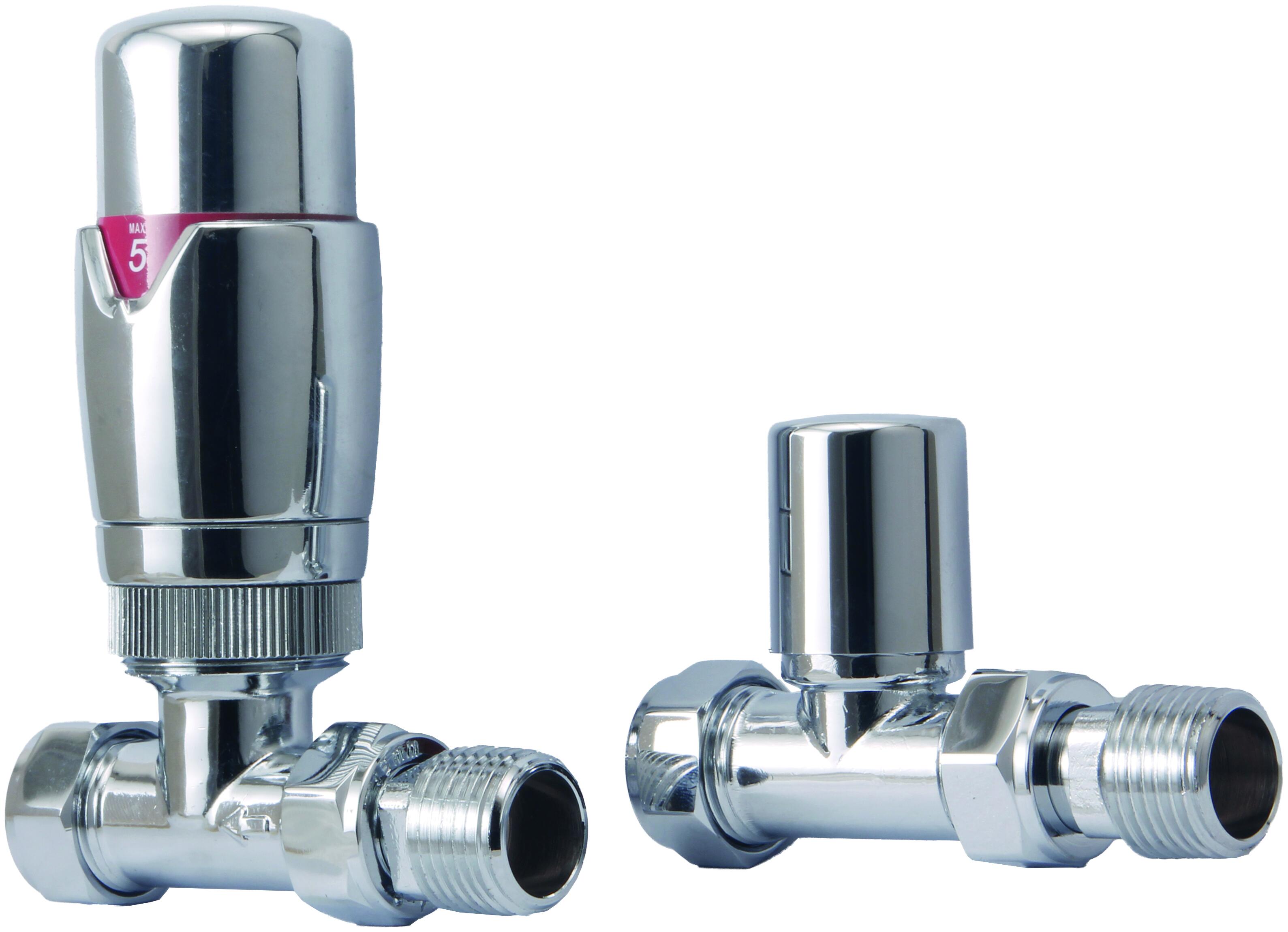 Scudo Designer straight thermostatic radiator valve twin pack, chrome finish