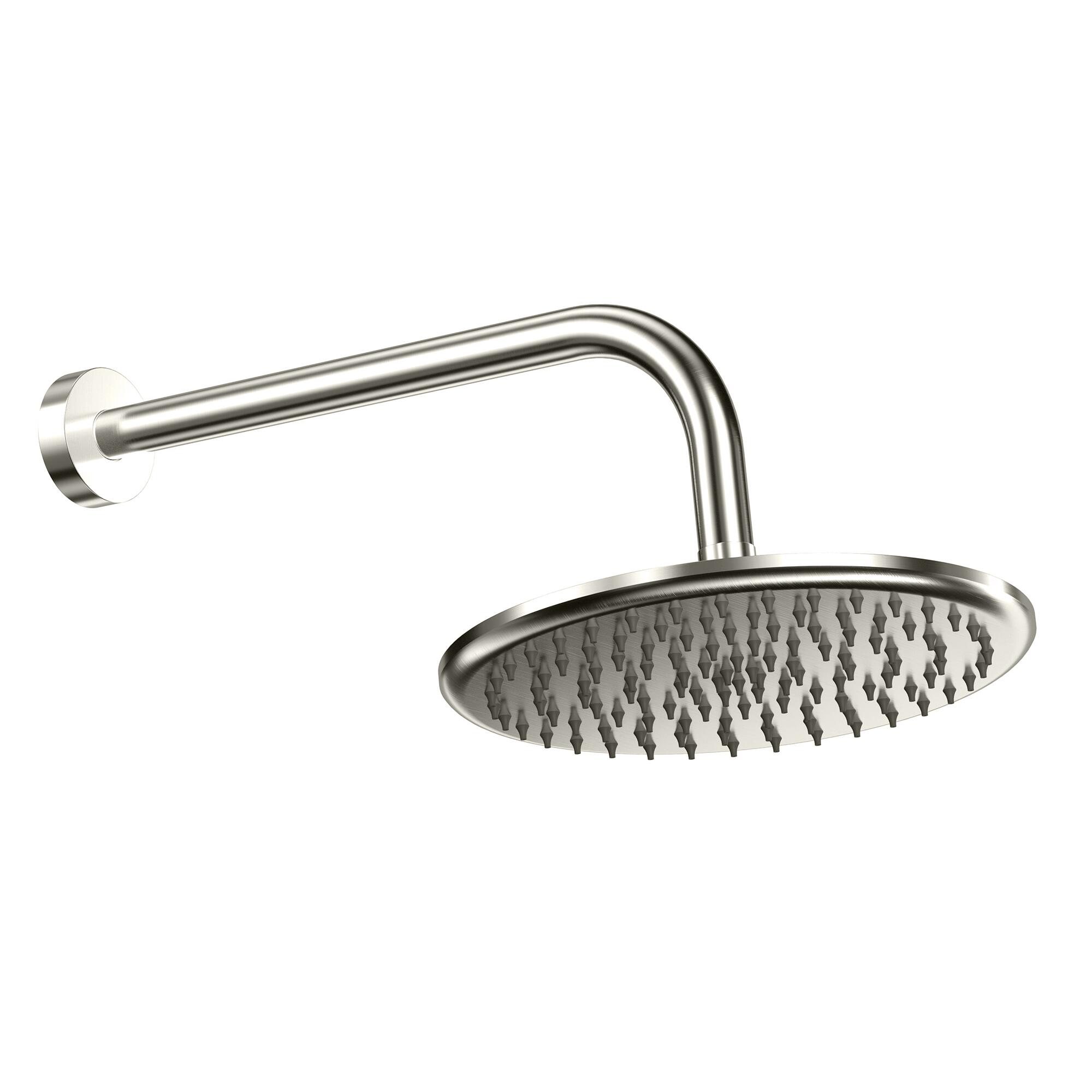 Scudo Core wall arm and round drench shower head in brushed nickel finish