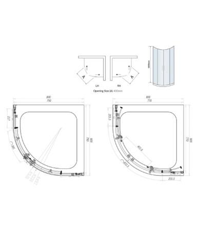 Scudo S6 800mm double door quadrant shower enclosure with clear 6mm toughened safety glass and black frame, 1850mm height.