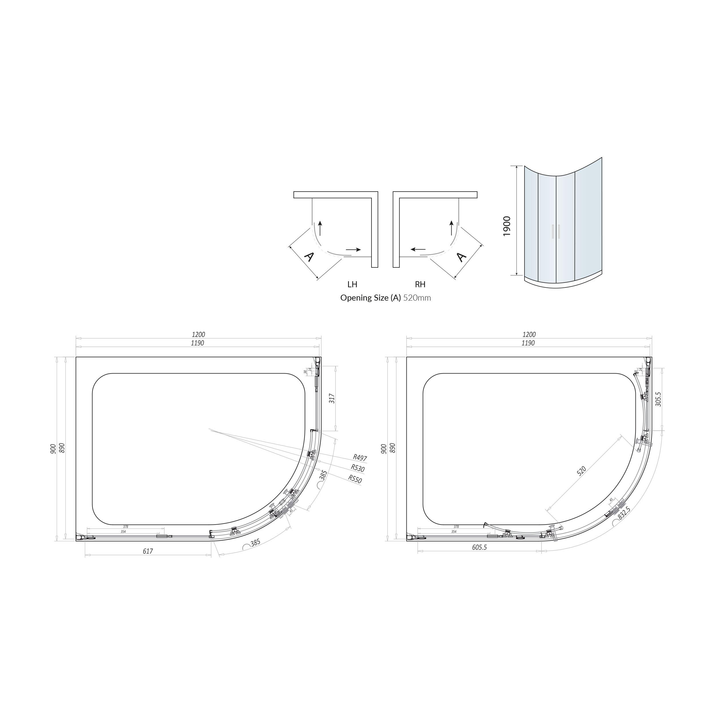 Scudo I8 double door quadrant shower enclosure, 1200x900mm, clear glass with chrome frame