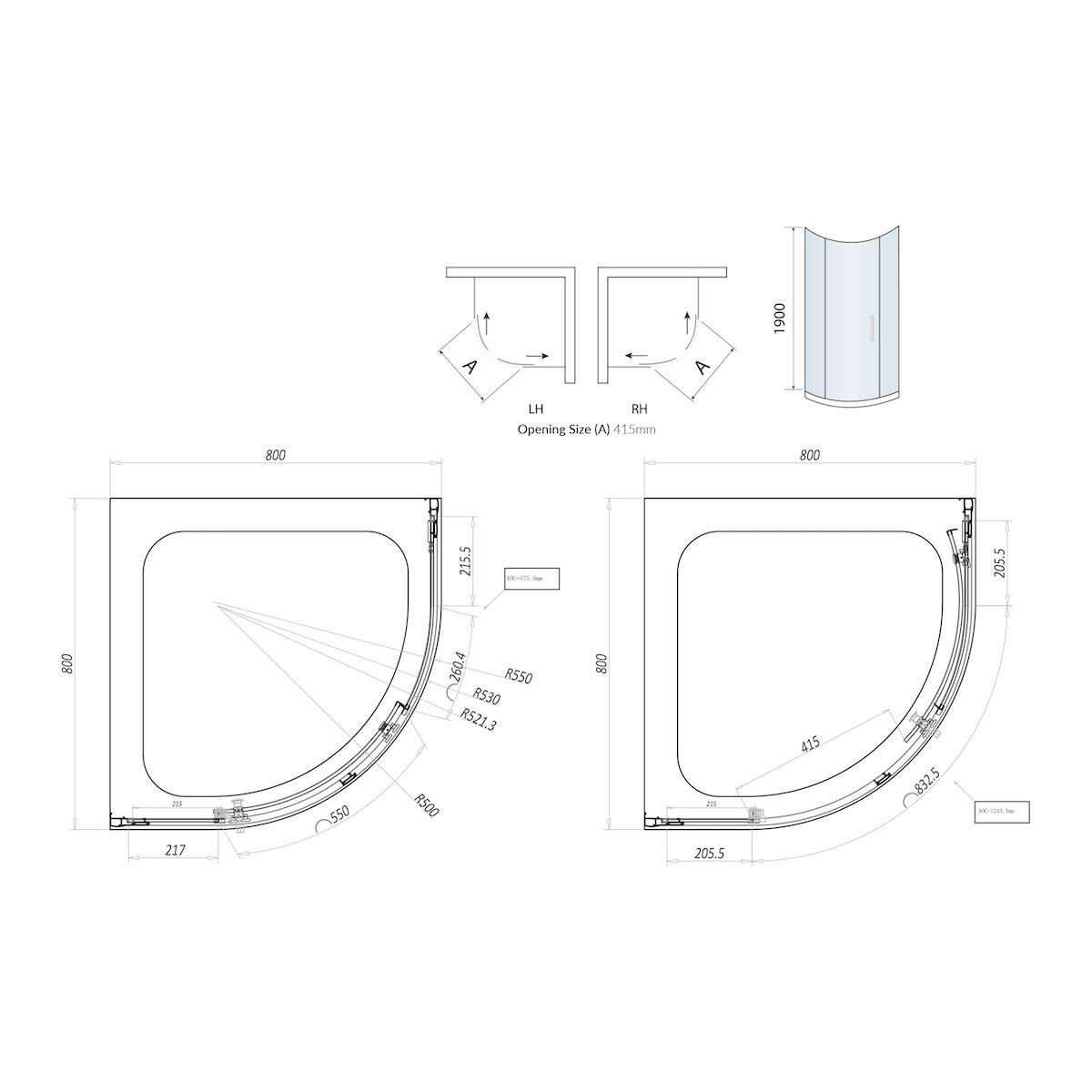Scudo S8 single door quadrant shower enclosure, 800mm x 800mm, chrome frame, clear glass