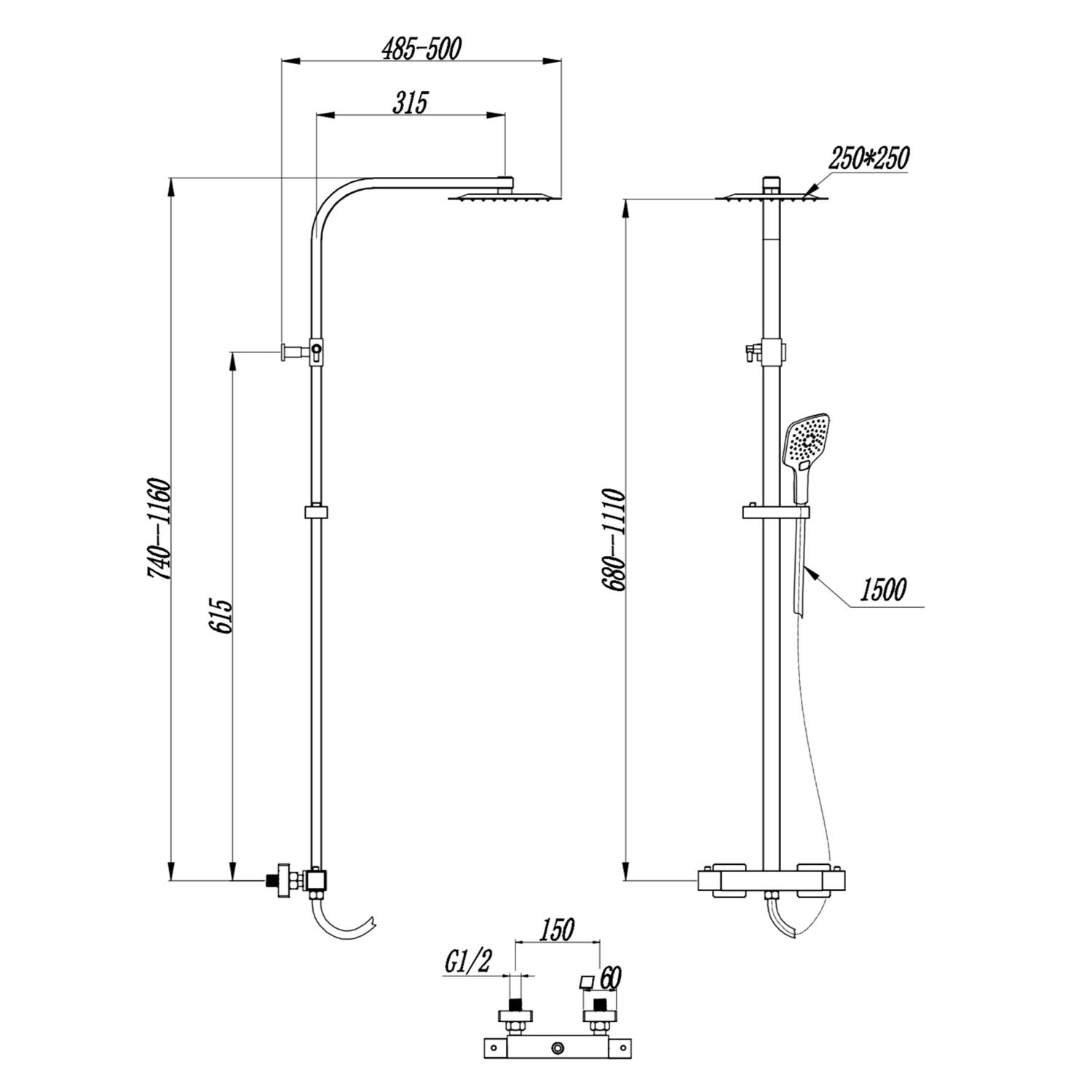 Scudo Helier square cool touch round bar shower valve with adjustable rigid riser in chrome
