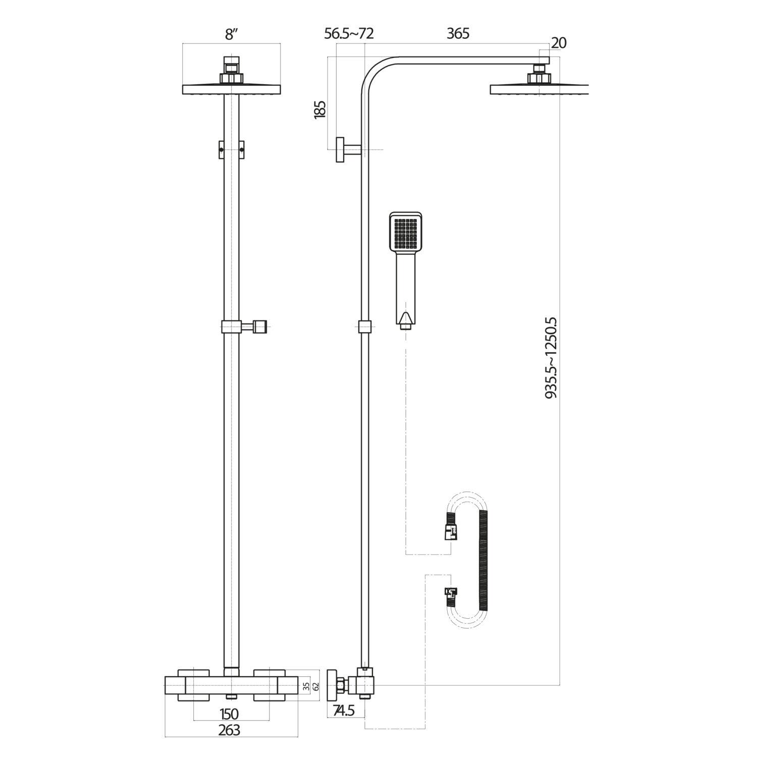 Scudo Elliot square thermostatic riser shower set in chrome with exposed valve