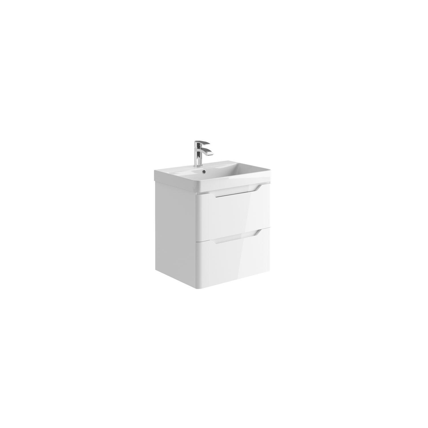 Scudo Ella white melamine wall mounted vanity unit, 570mm wide, contemporary design with soft close doors