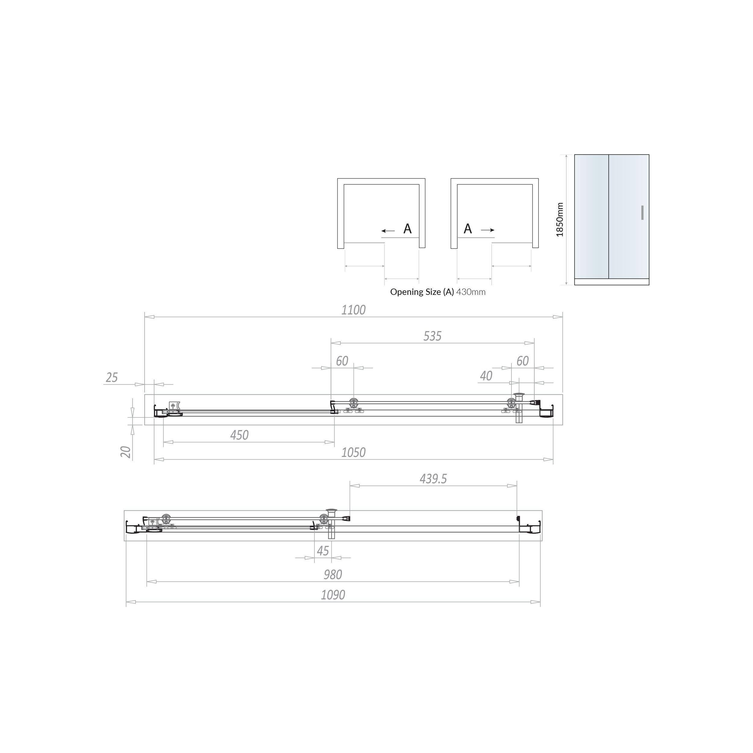 Scudo S6 1100mm sliding shower door with clear 6mm safety glass and chrome frame.